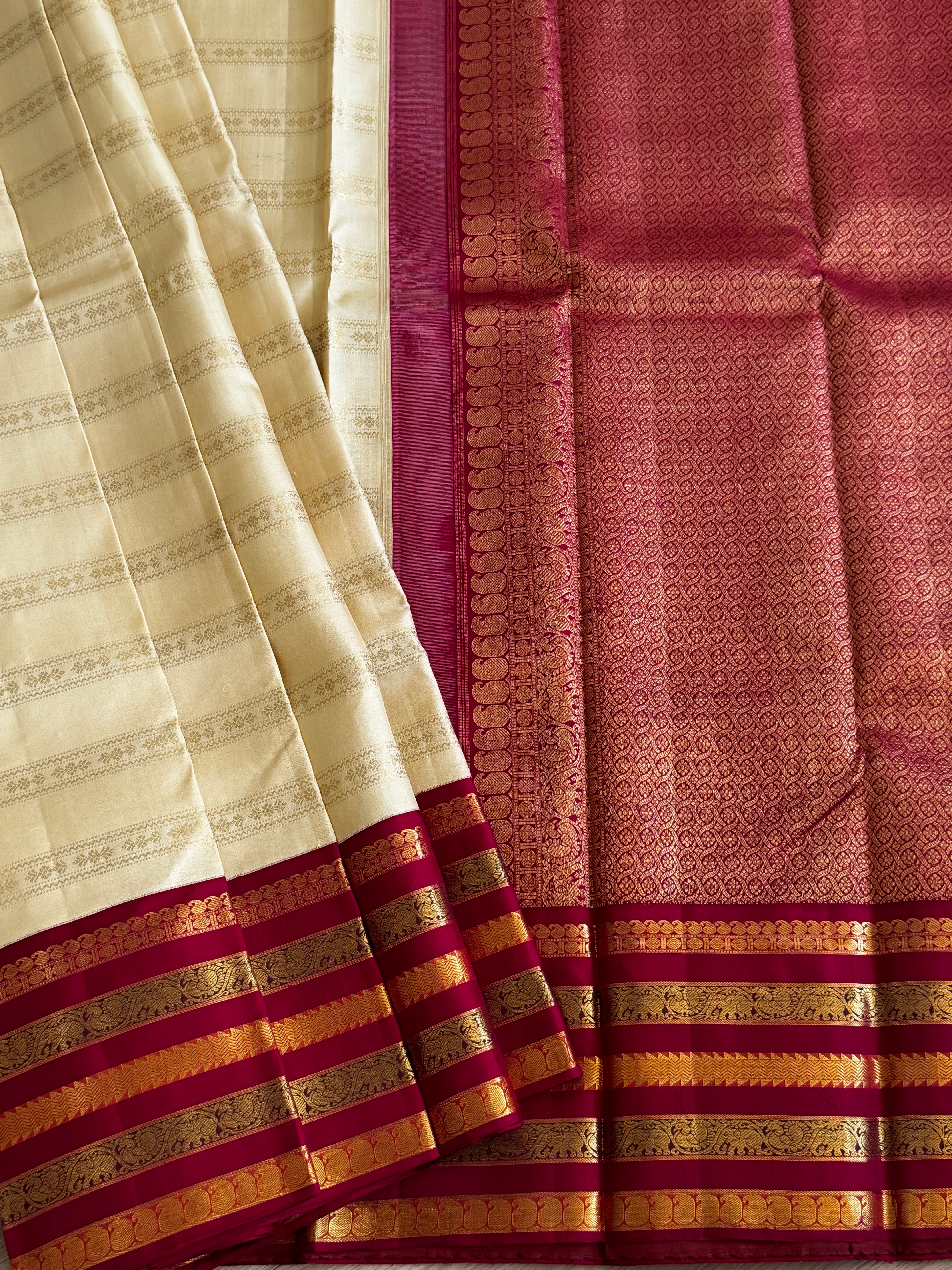 Korvai Kanjeevaram Pure silk handloom saree - beige red