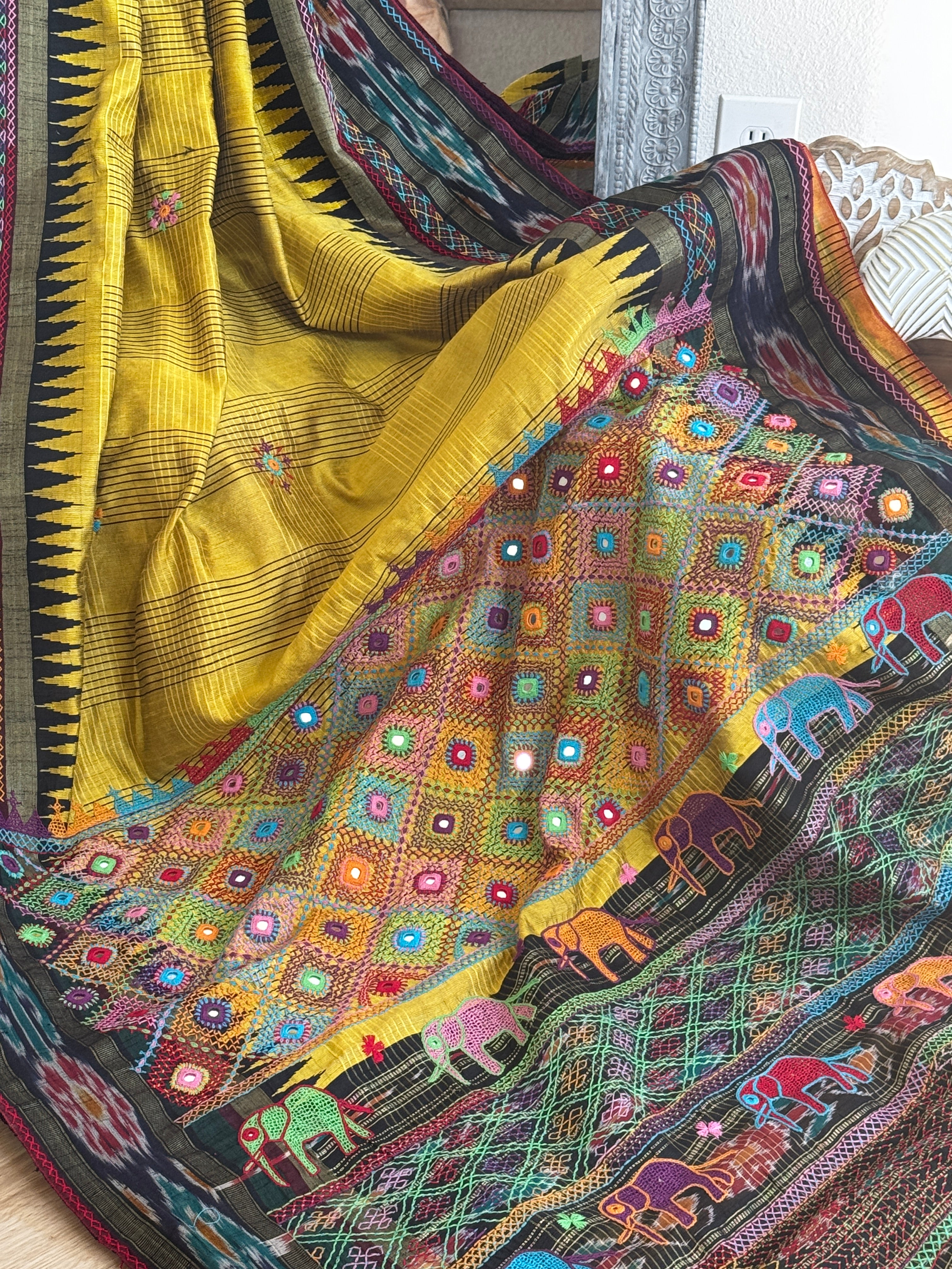 Lambani Embroidery on silk saree - green