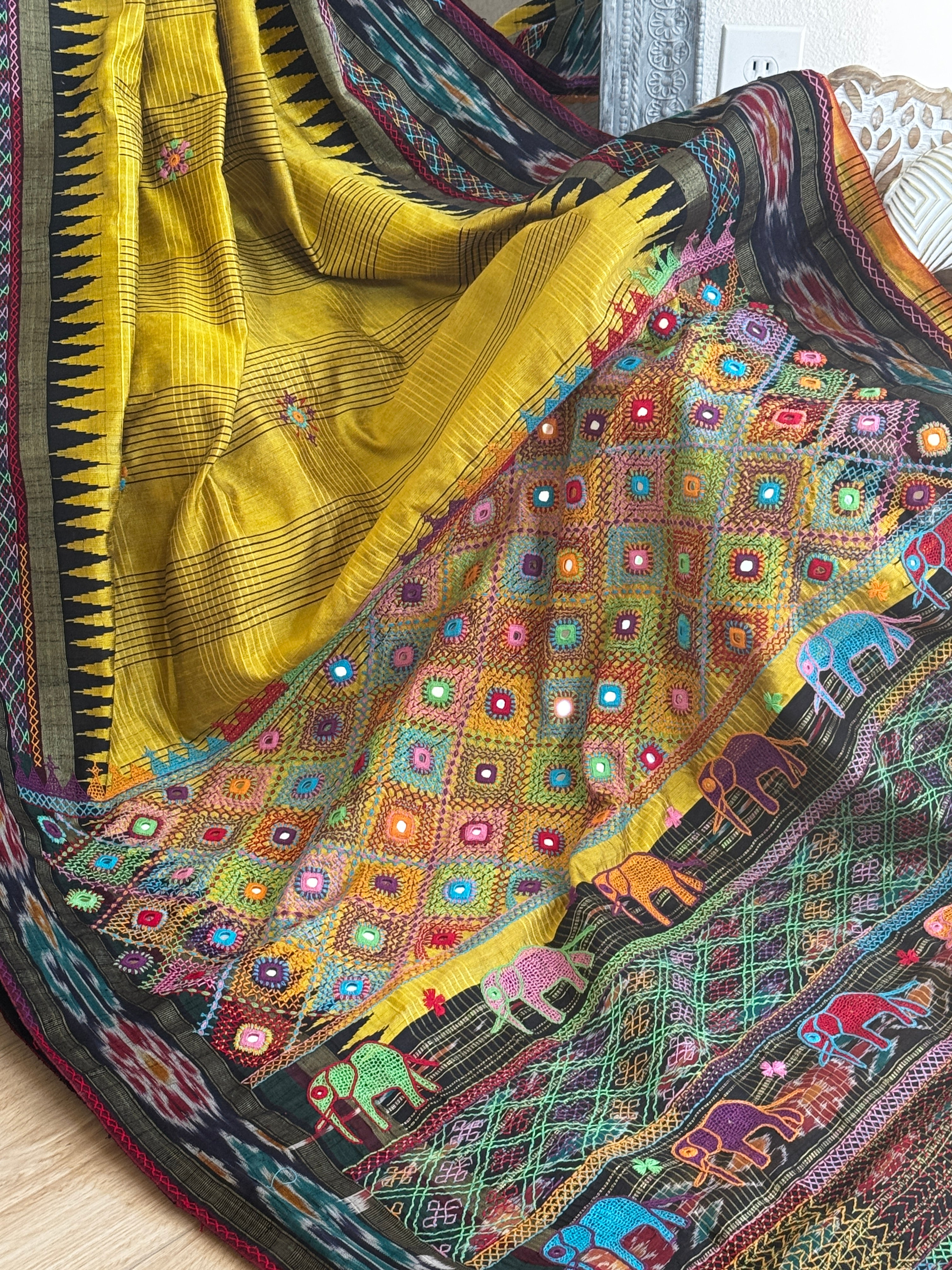 Lambani Embroidery on silk saree - green