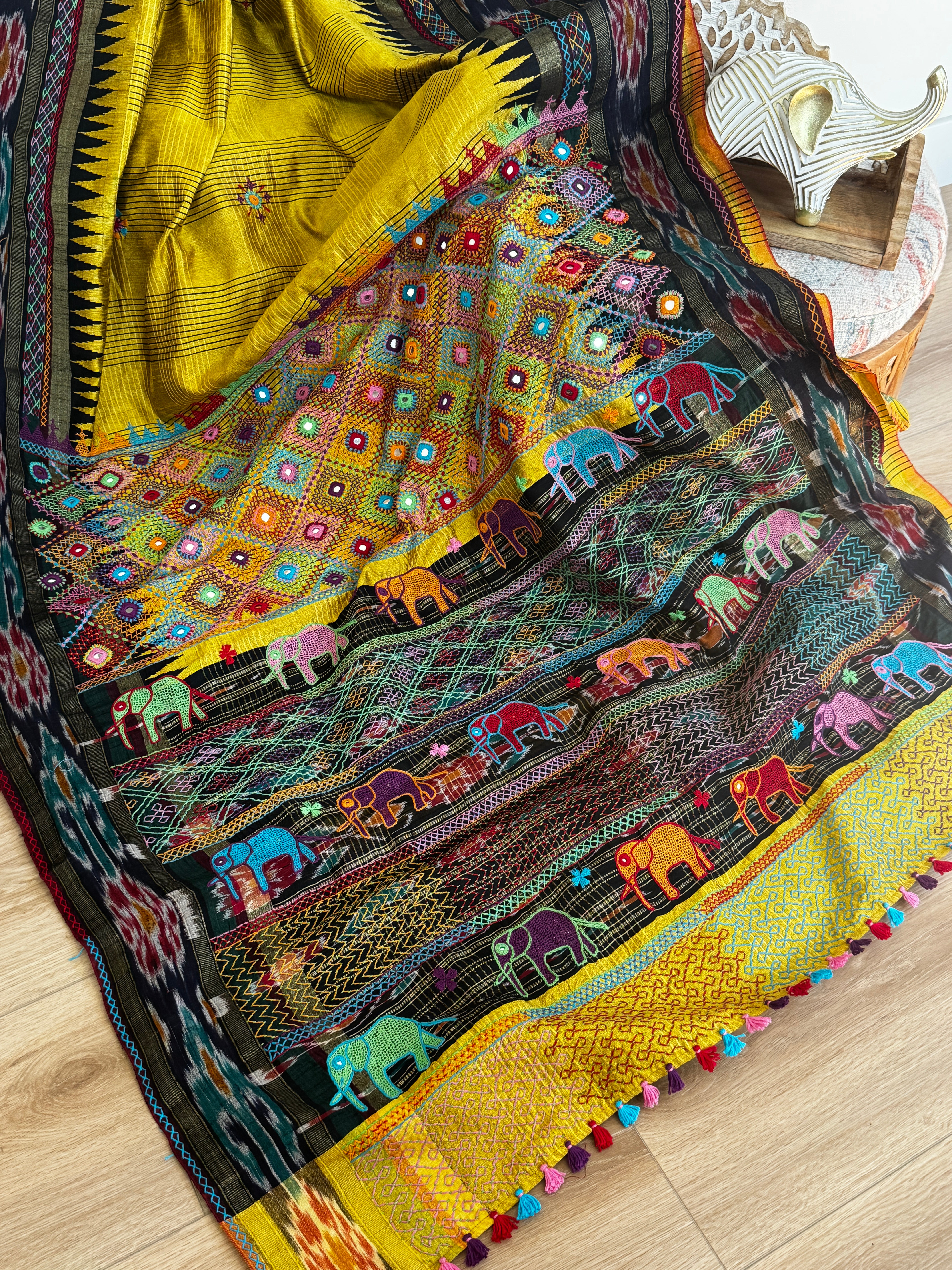 Lambani Embroidery on silk saree - green