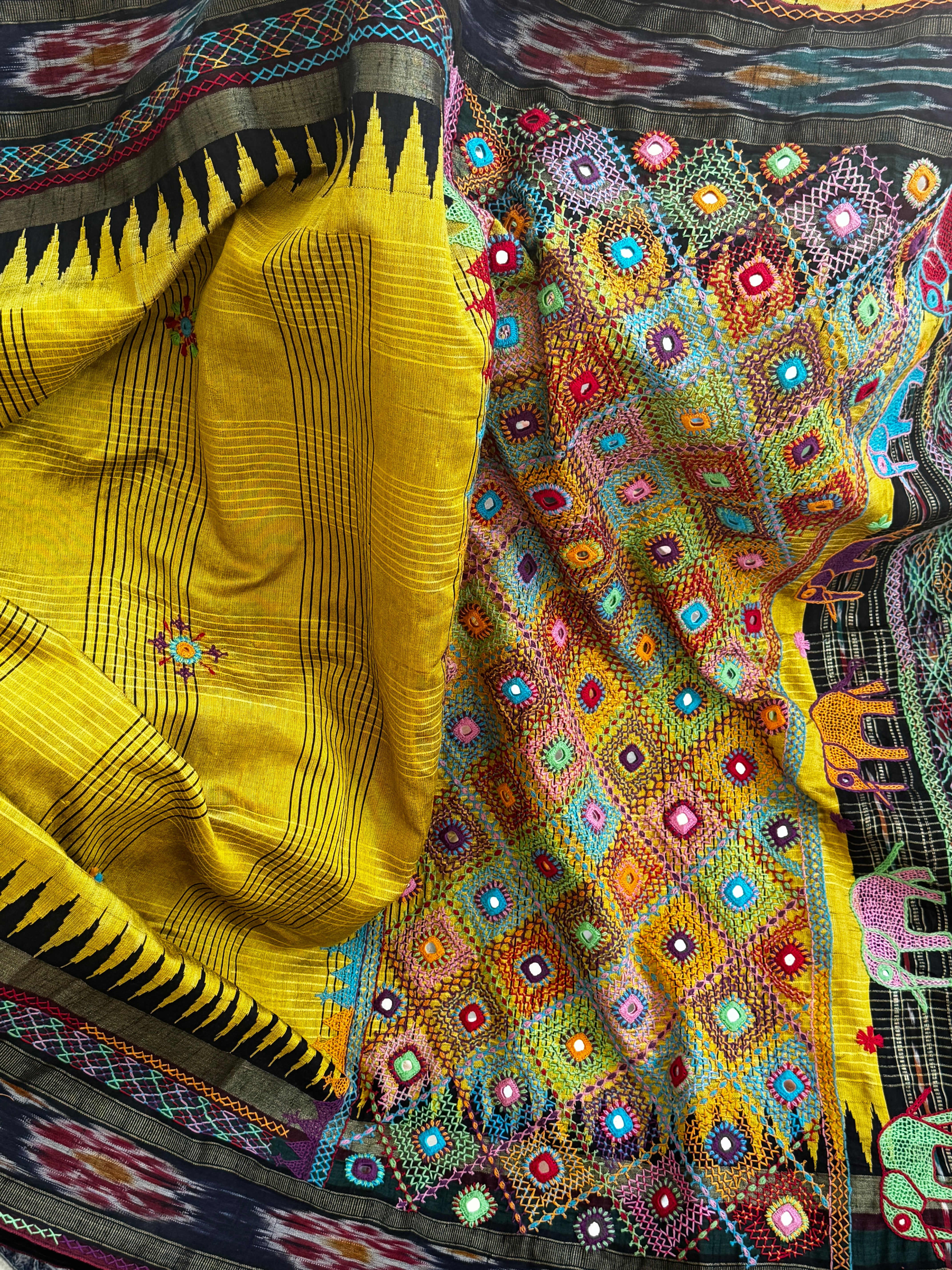 Lambani Embroidery on silk saree - green