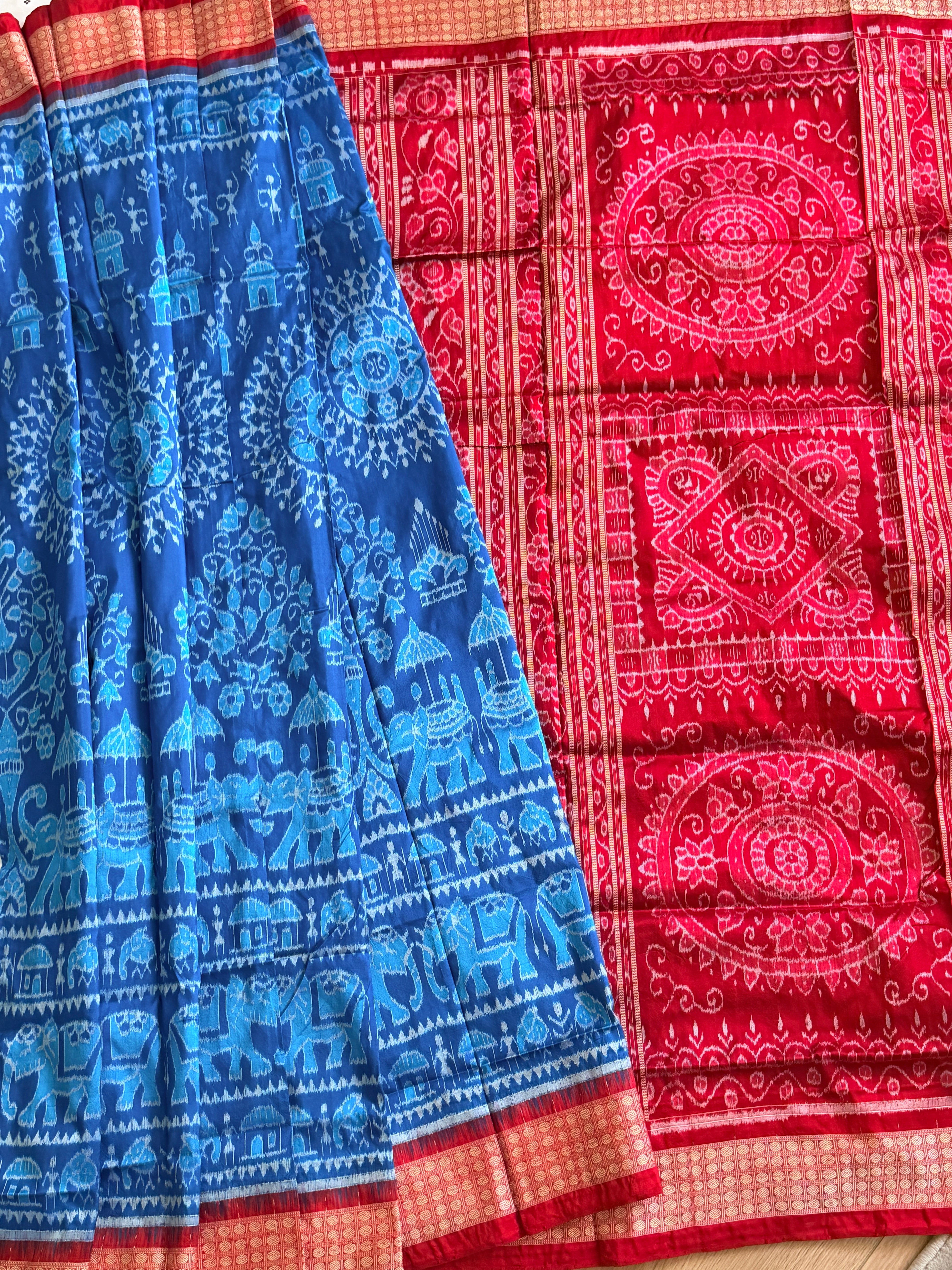 Blue red full body bandha pure sambalpuri saree