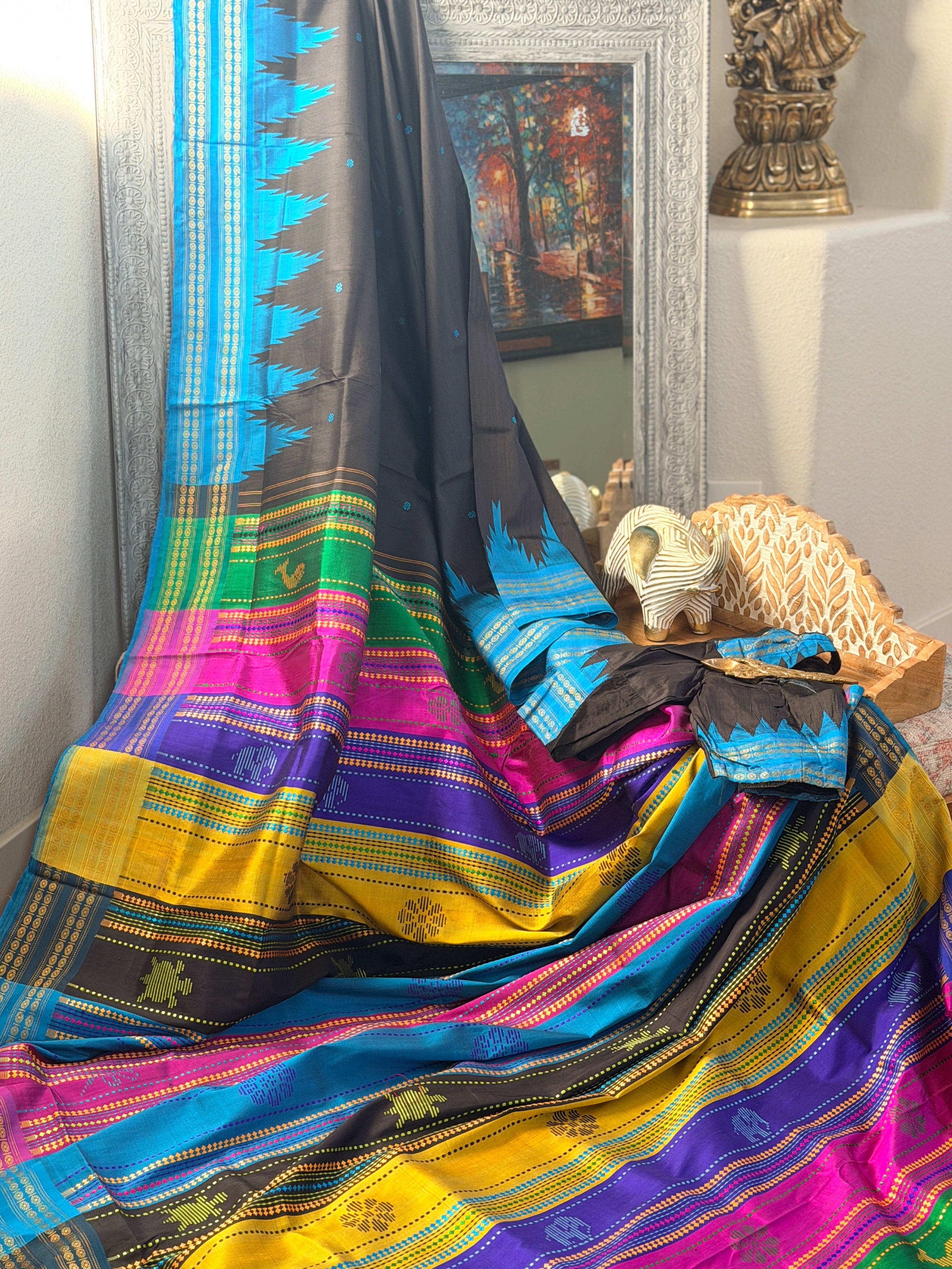 Berhampuri pure silk doubble palu Black blue