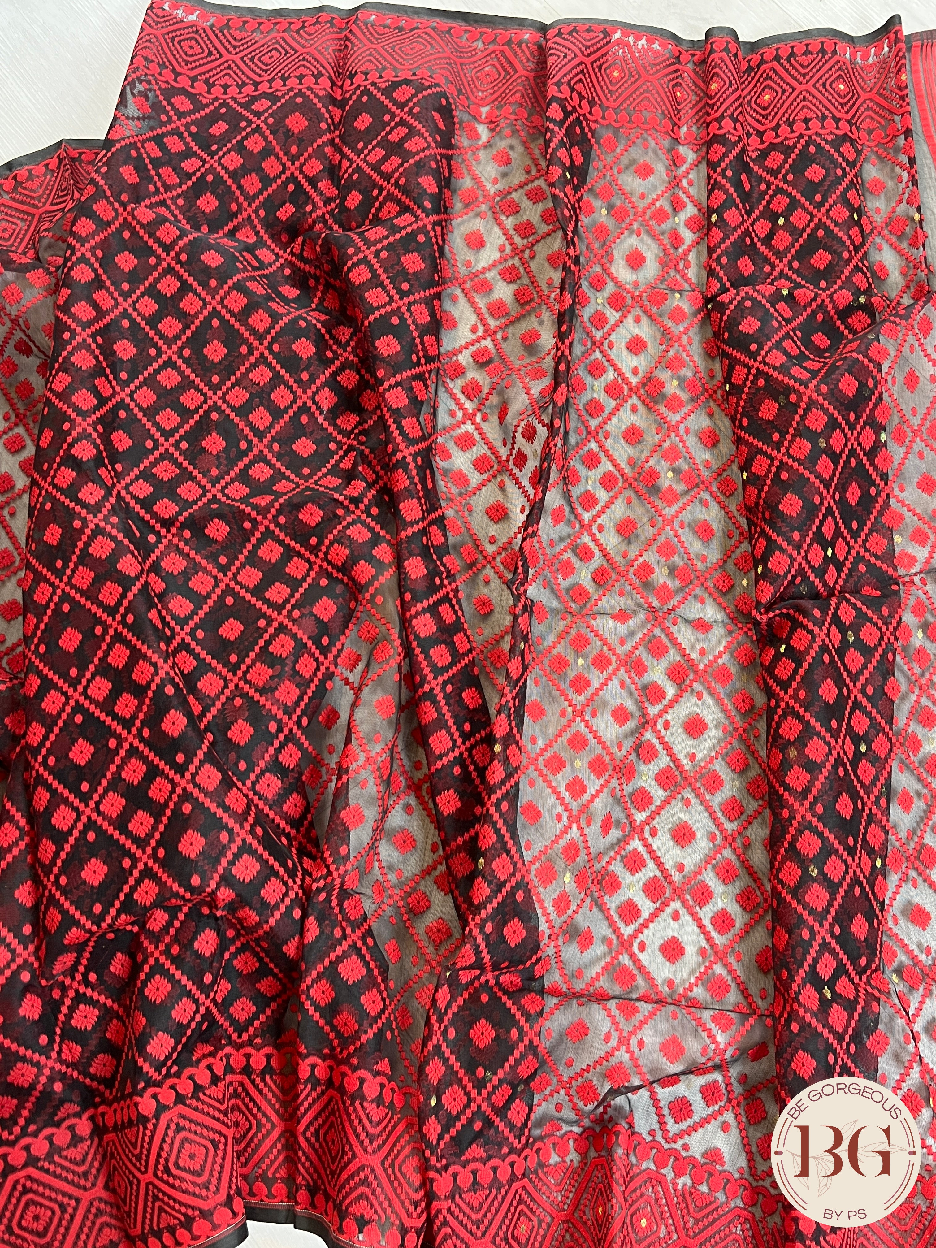 Cotton Jamdani saree color - black red