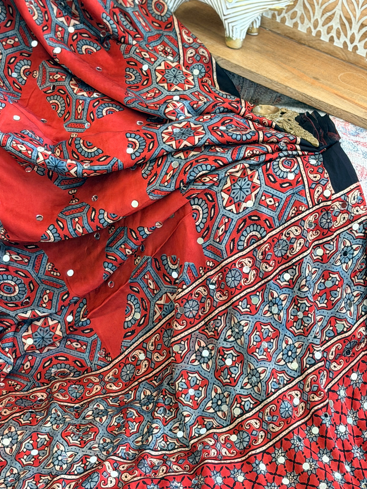 Ajrak Modal Silk Saree with mirror work