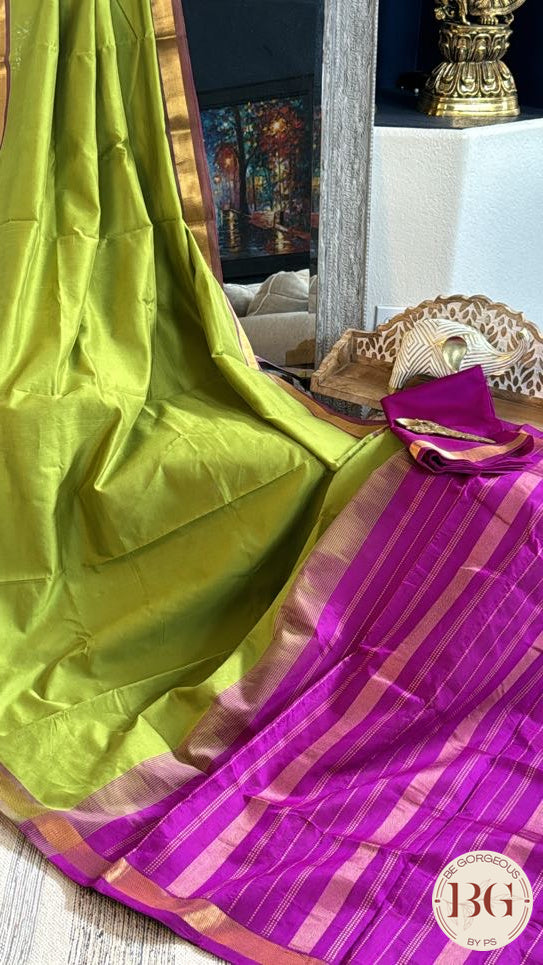 Kanjeevaram silk cotton handloom saree - Green Pink