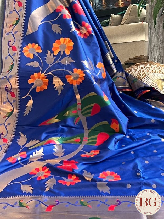 Soft silk paithani inspired saree with dali parrot saree color - blue