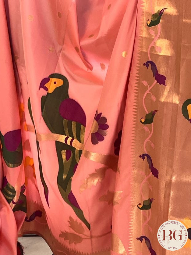 Soft silk paithani inspired saree with dali parrot saree color - pink peach