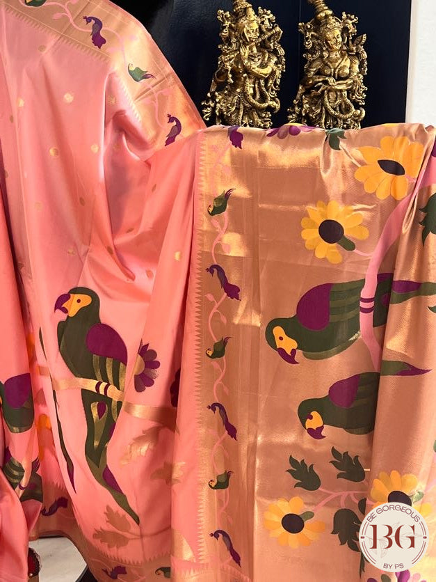 Soft silk paithani inspired saree with dali parrot saree color - pink peach