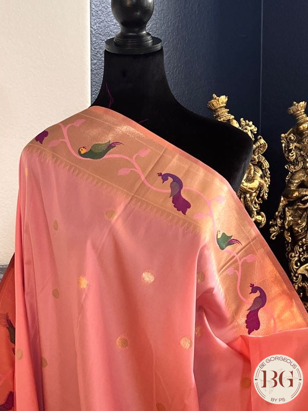 Soft silk paithani inspired saree with dali parrot saree color - pink peach