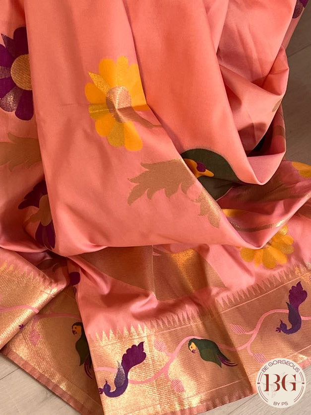 Soft silk paithani inspired saree with dali parrot saree color - pink peach