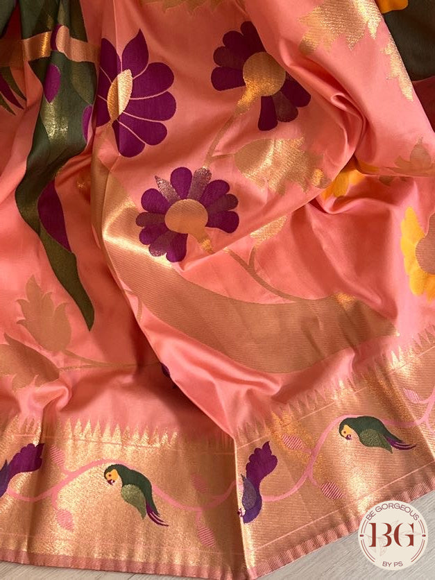 Soft silk paithani inspired saree with dali parrot saree color - pink peach