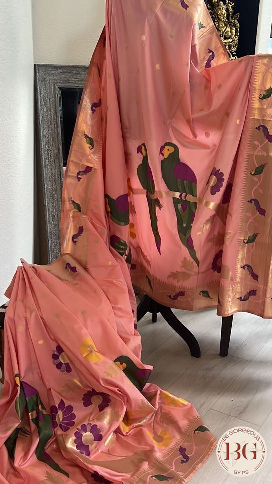 Soft silk paithani inspired saree with dali parrot saree color - pink peach