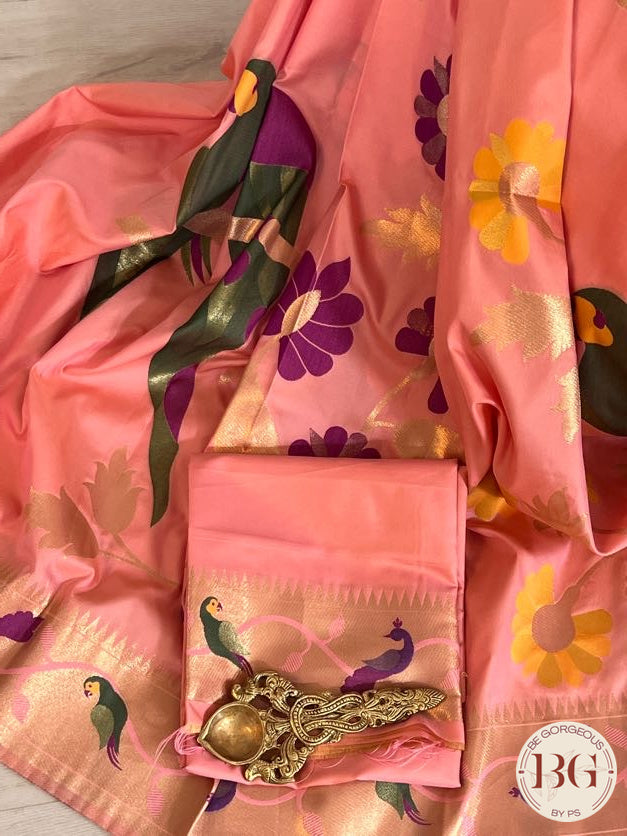 Soft silk paithani inspired saree with dali parrot saree color - pink peach