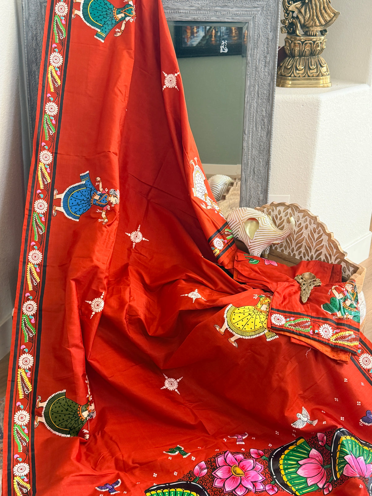 Radha krishna lotus leaf design on pure silk with stiched blouse