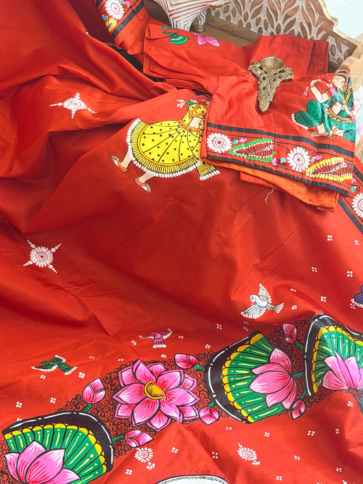 Radha krishna lotus leaf design on pure silk with stiched blouse