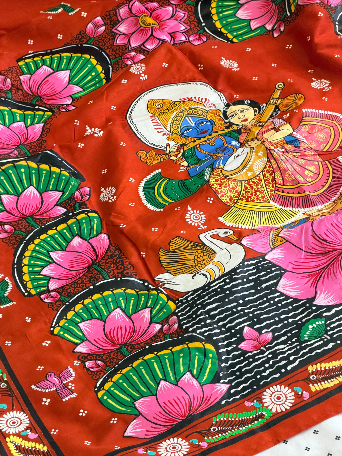 Radha krishna lotus leaf design on pure silk with stiched blouse