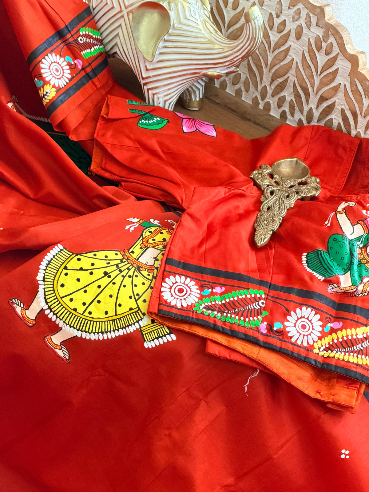 Radha krishna lotus leaf design on pure silk with stiched blouse