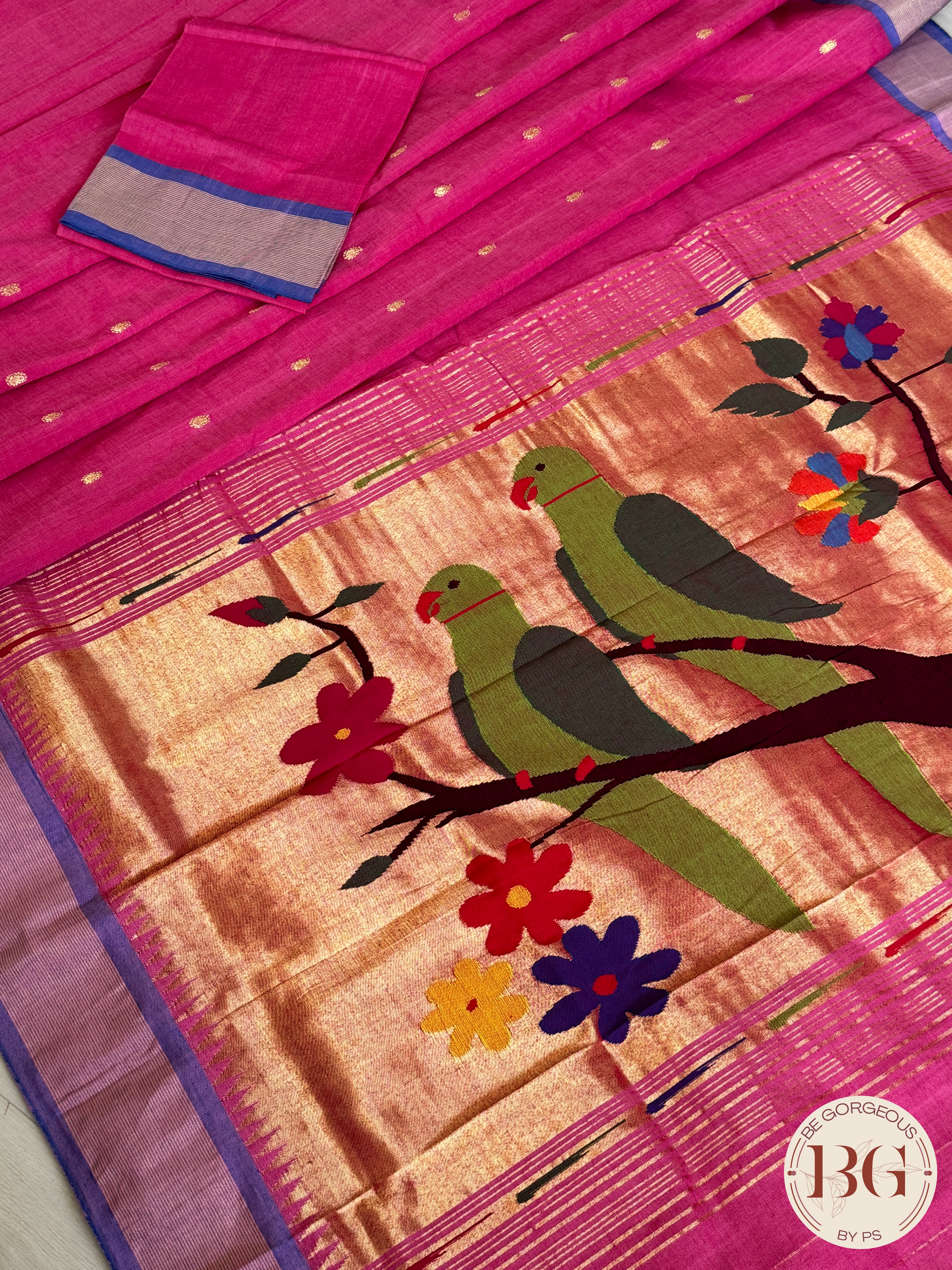 Paithani handloom cotton saree Pink Blue Parrot
