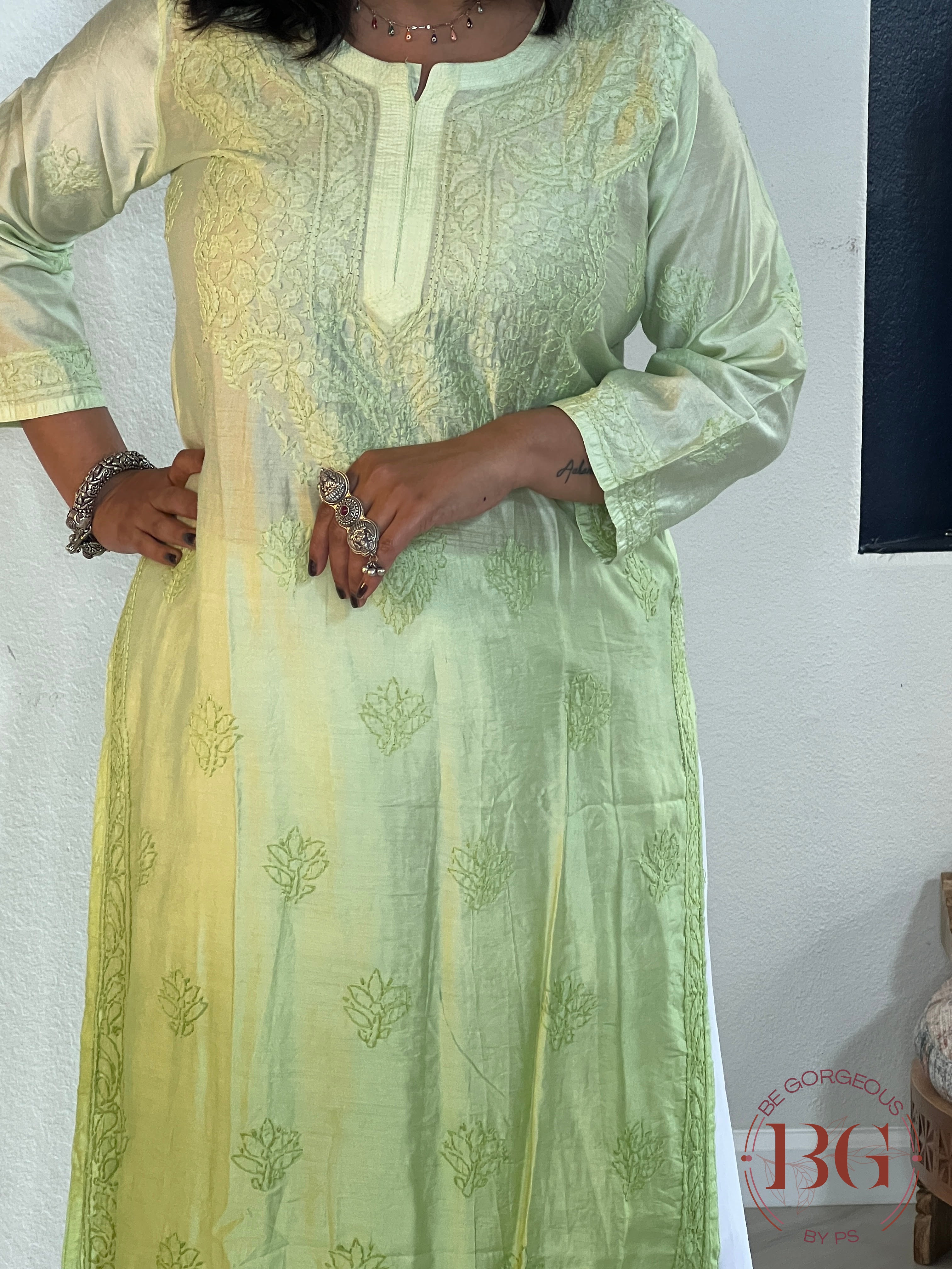 Muslin Silk Shaded Chikankari Pista Green Kurti