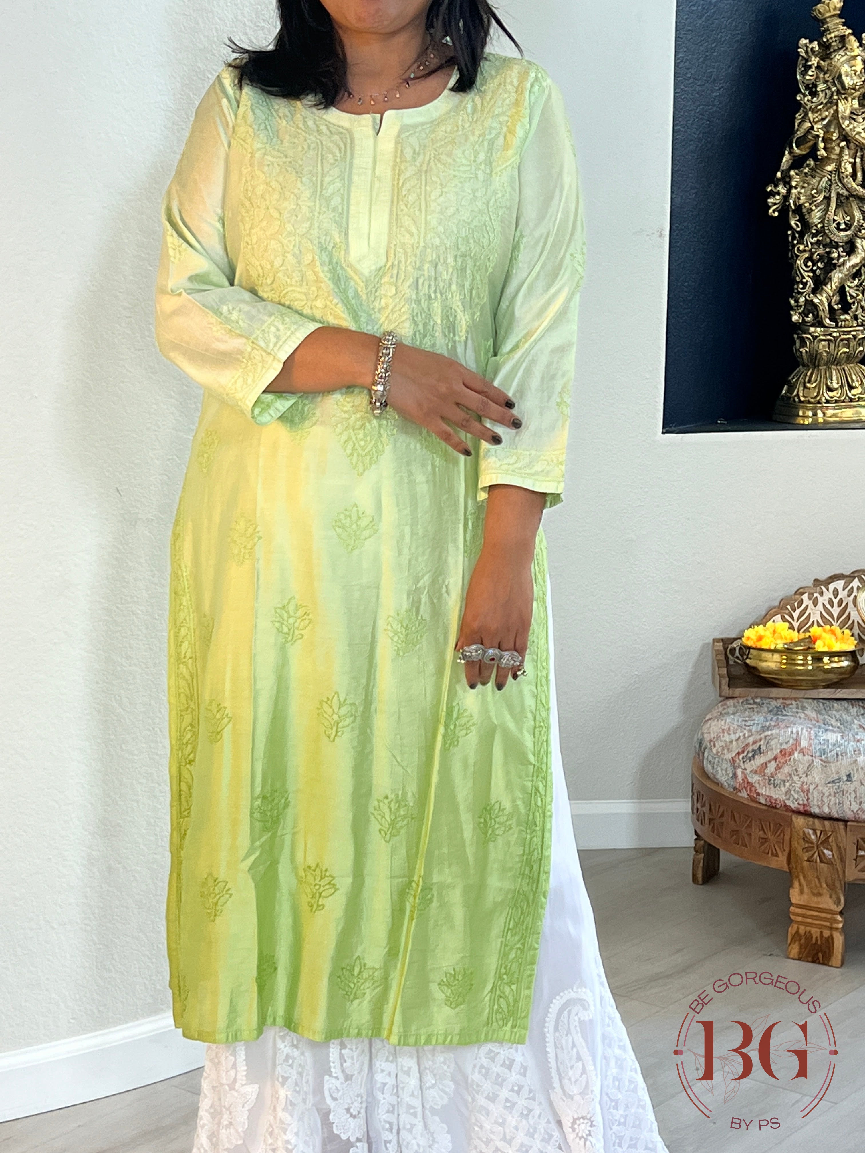 Muslin Silk Shaded Chikankari Pista Green Kurti