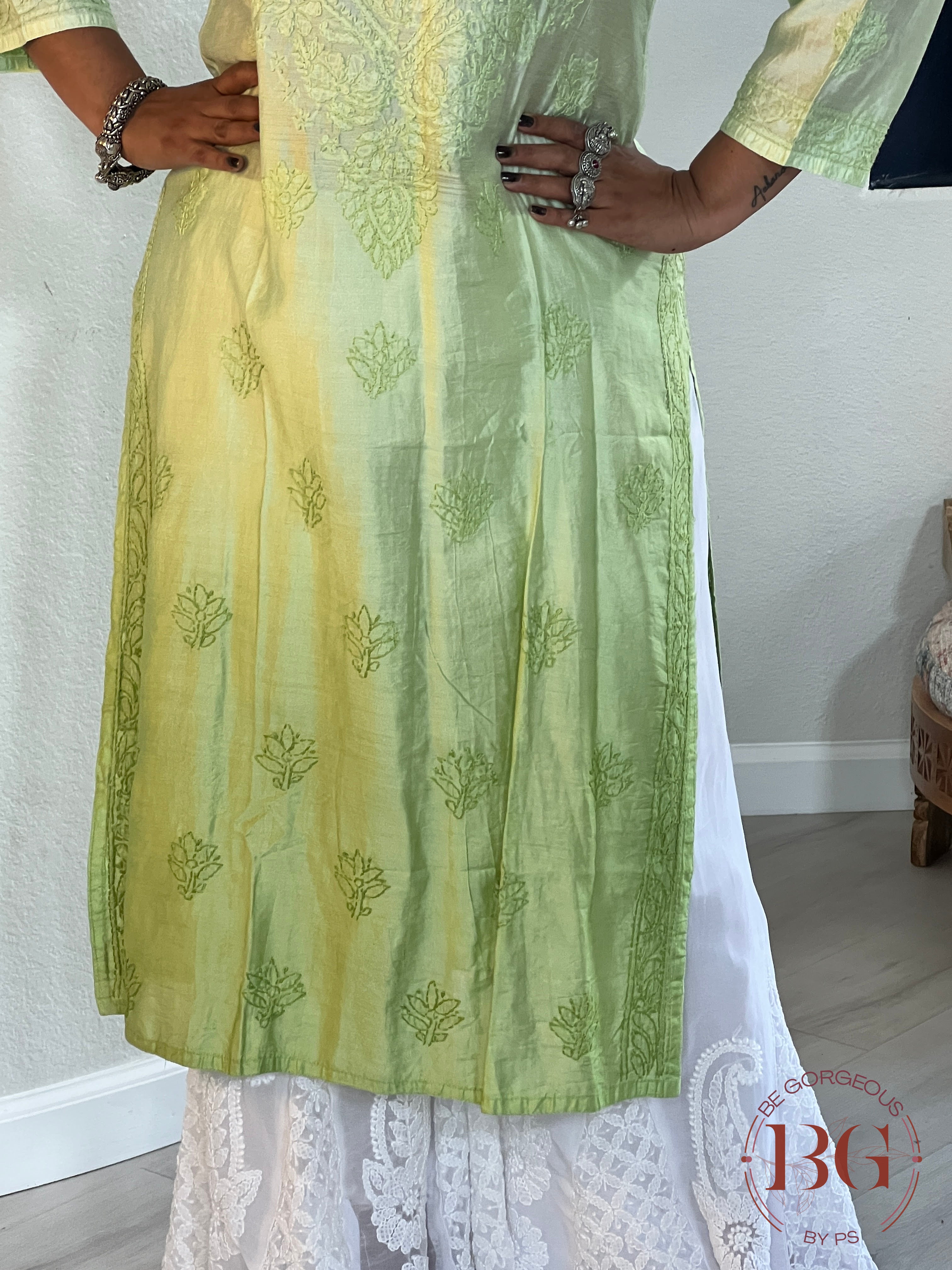 Muslin Silk Shaded Chikankari Pista Green Kurti