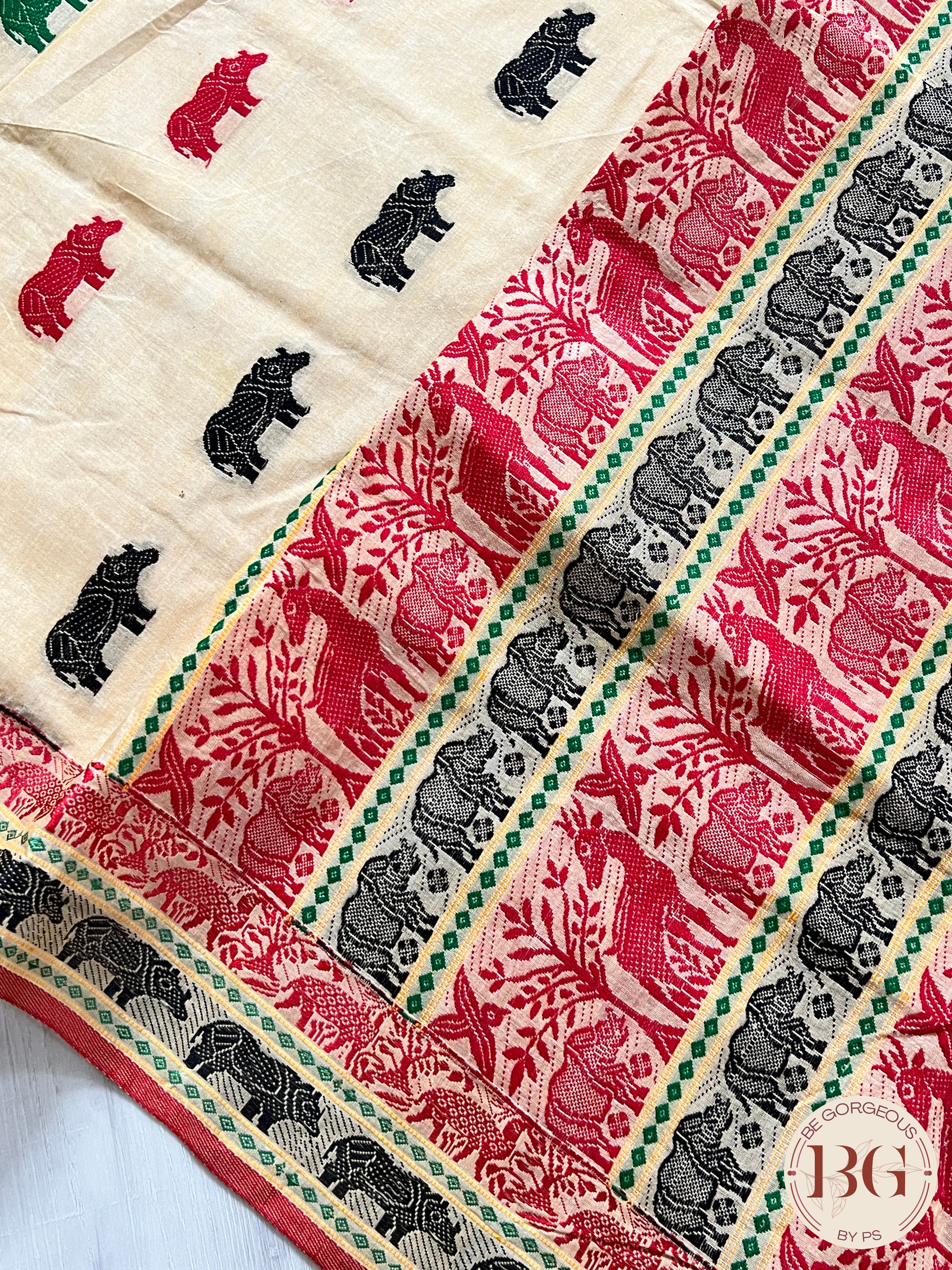 Kaziranga Assam Cotton Blend Saree in CREAM RED color with rhino motifs