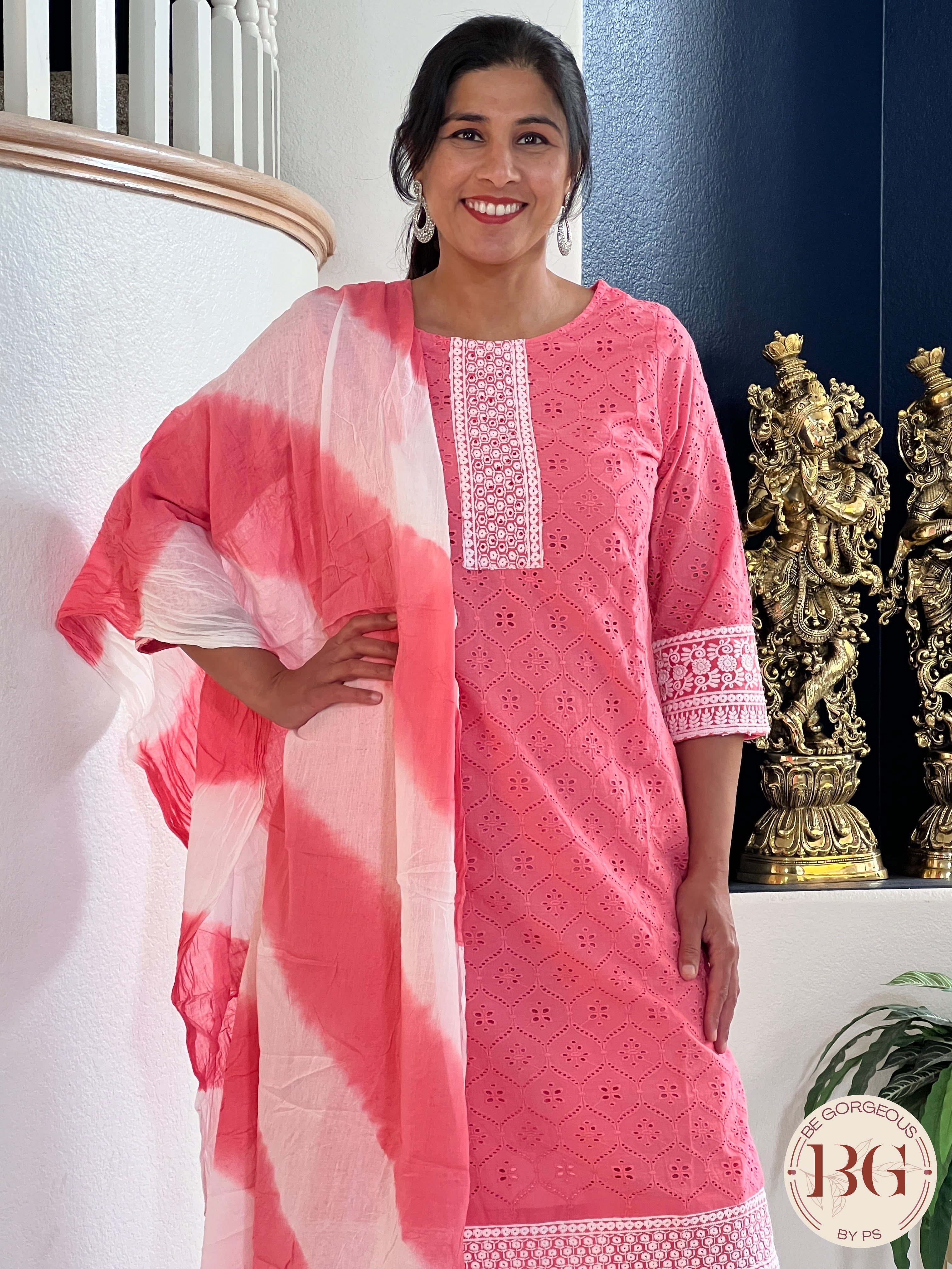 3-piece cotton suit set with dupatta in pink color