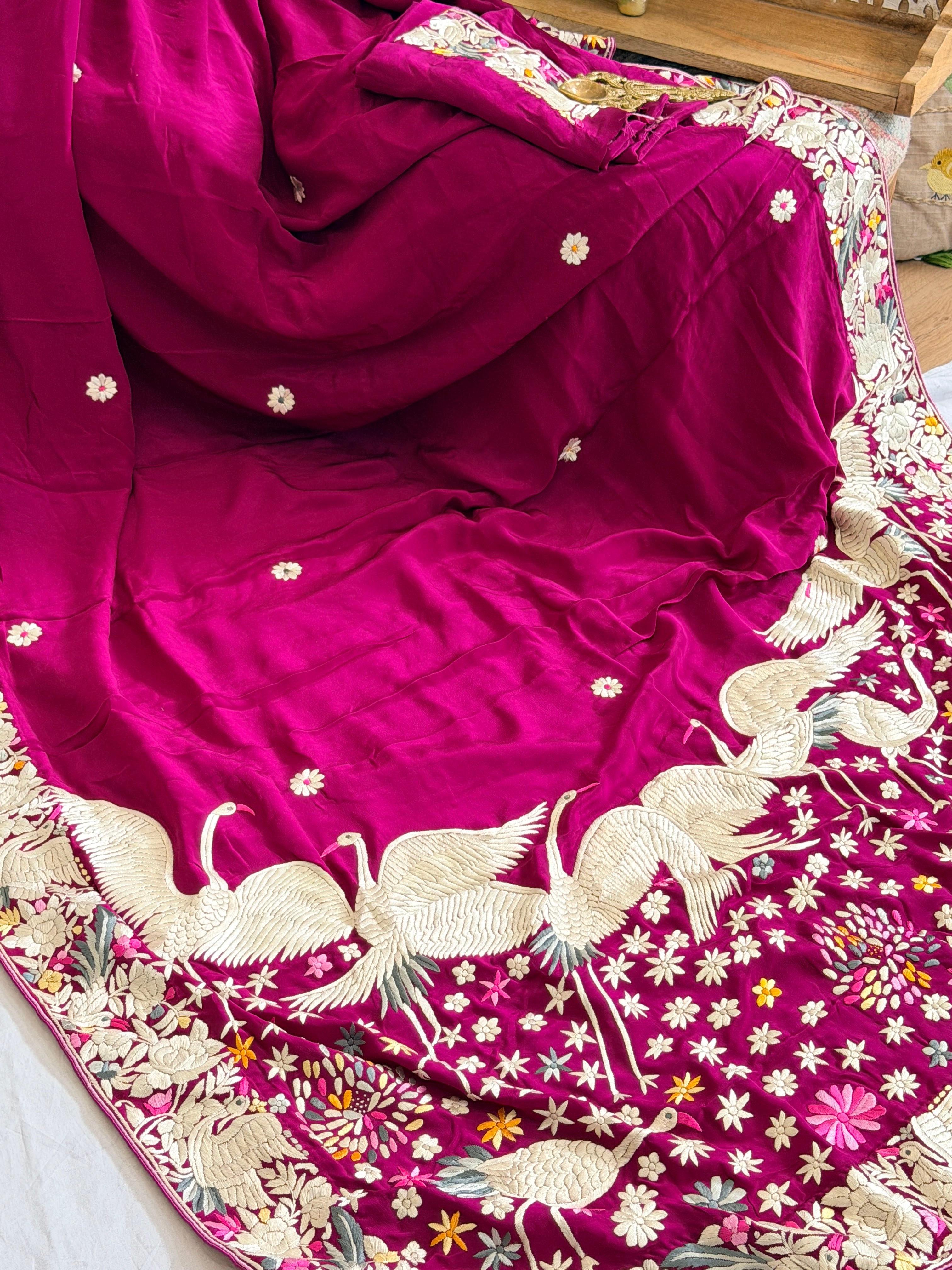 Parsi Gara hand embroidered crepe silk saree