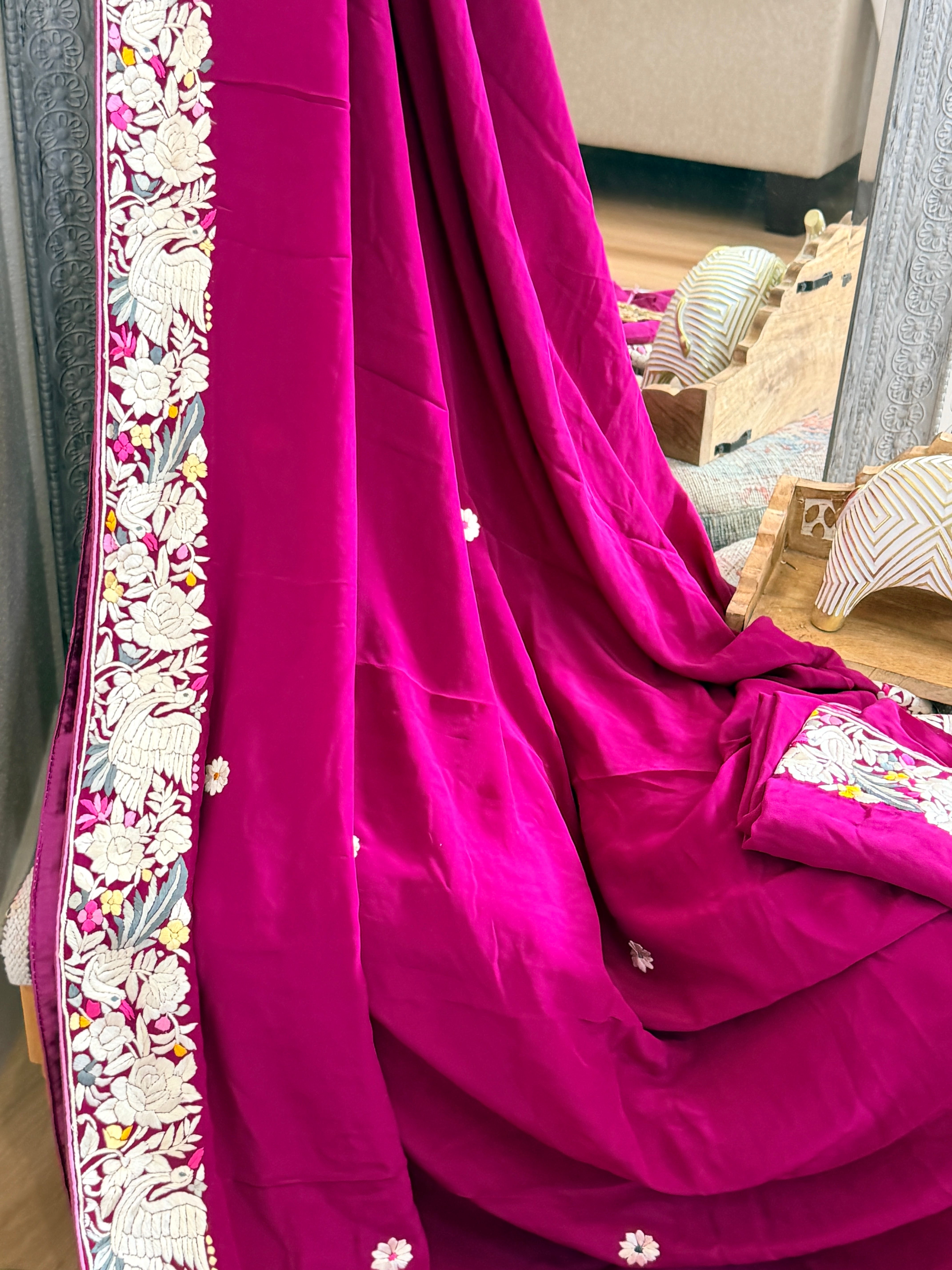 Parsi Gara hand embroidered crepe silk saree