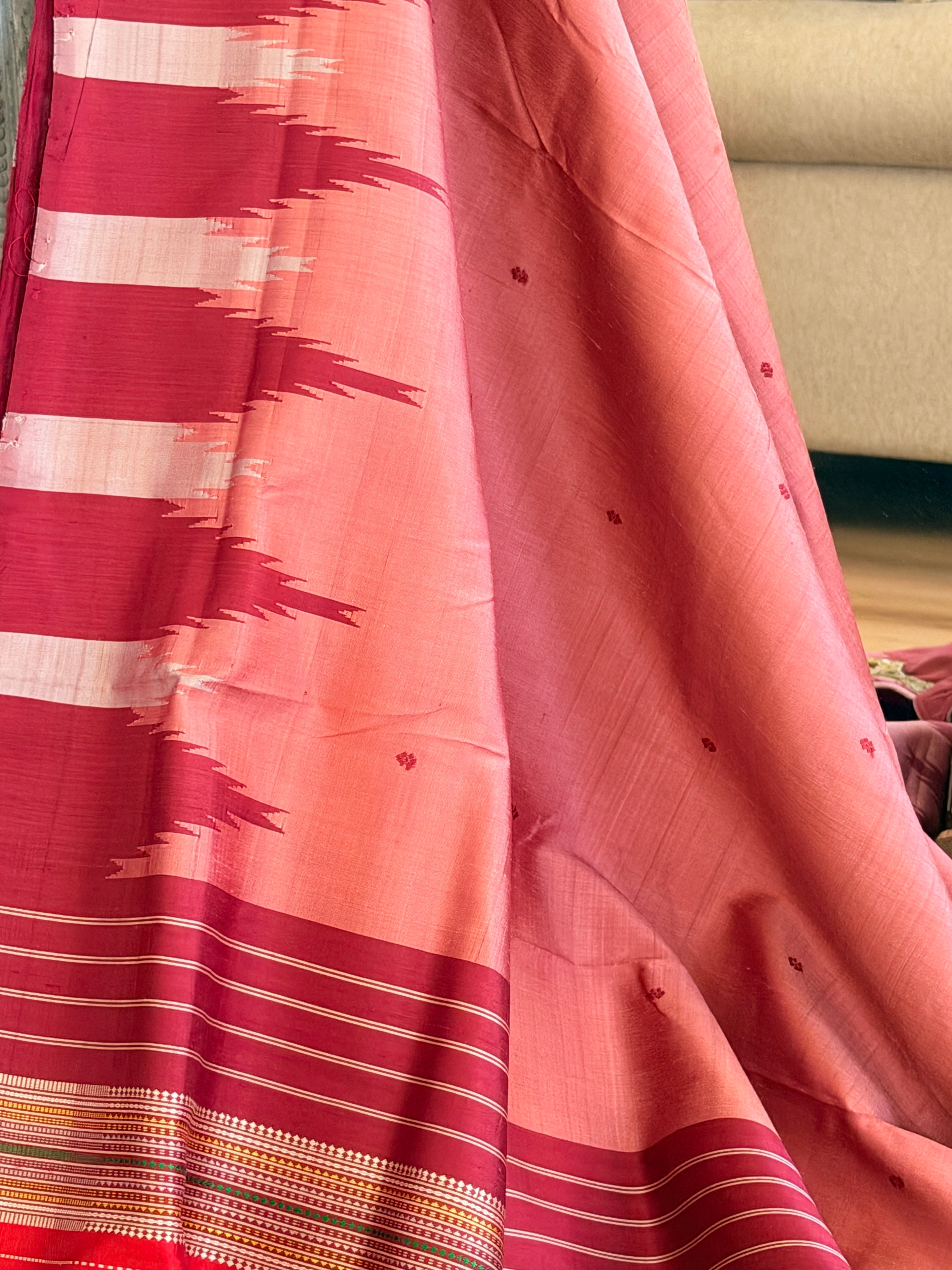 Berhampuri pure silk doubble palu peach color plain border