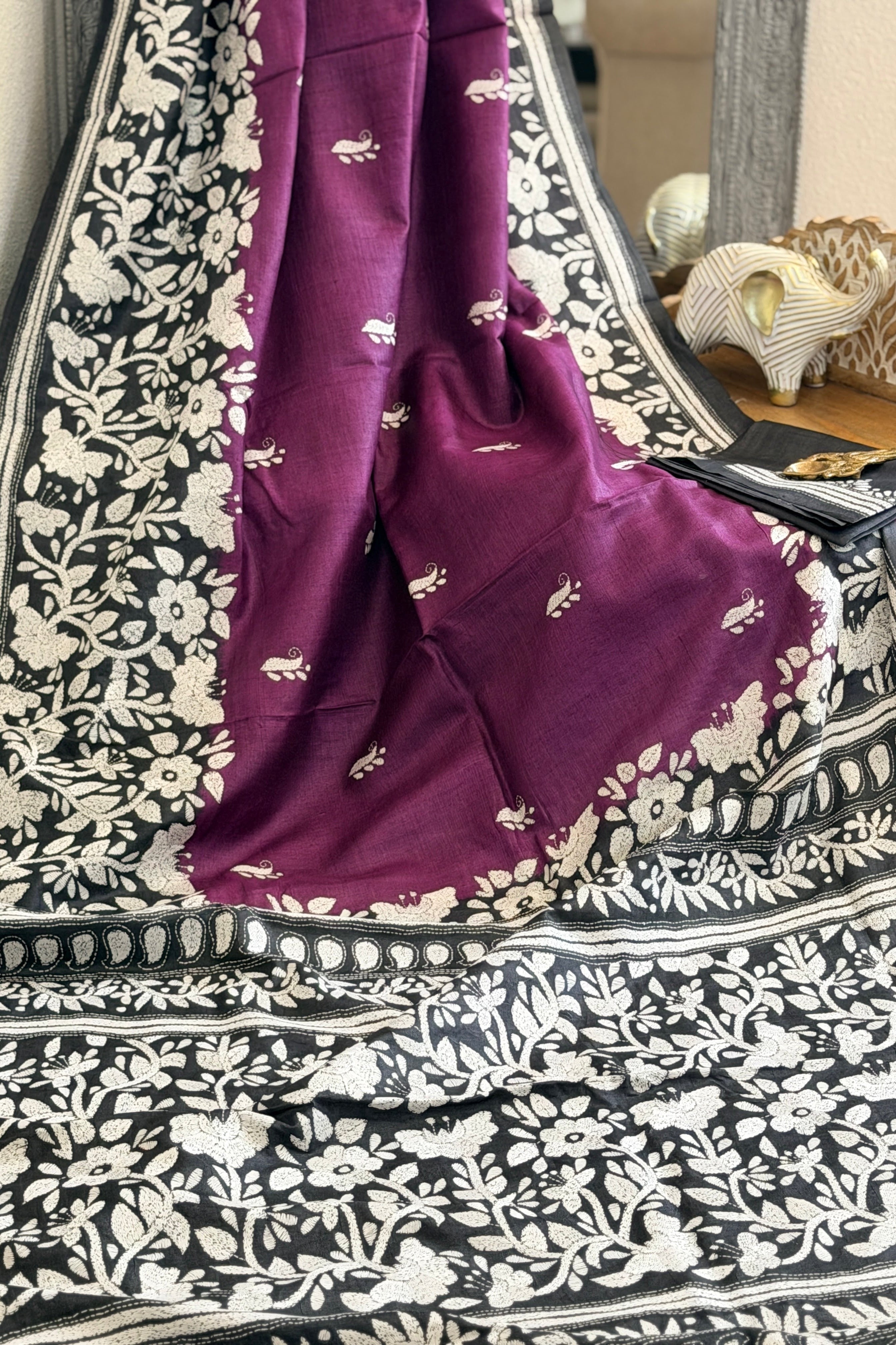 Kantha Stitch Saree on tussar silk