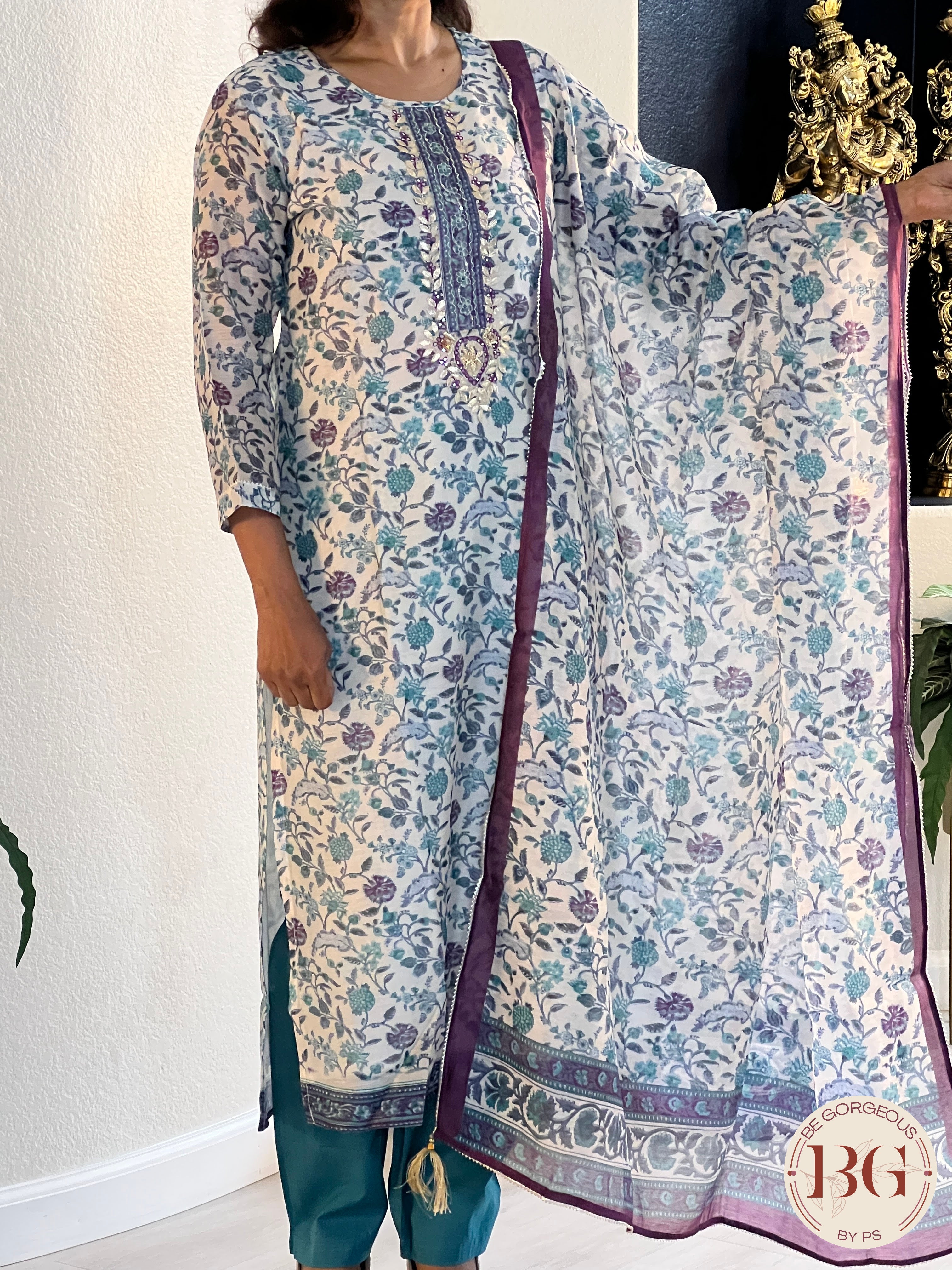 3-piece suit set with matching full size dupatta in teal color