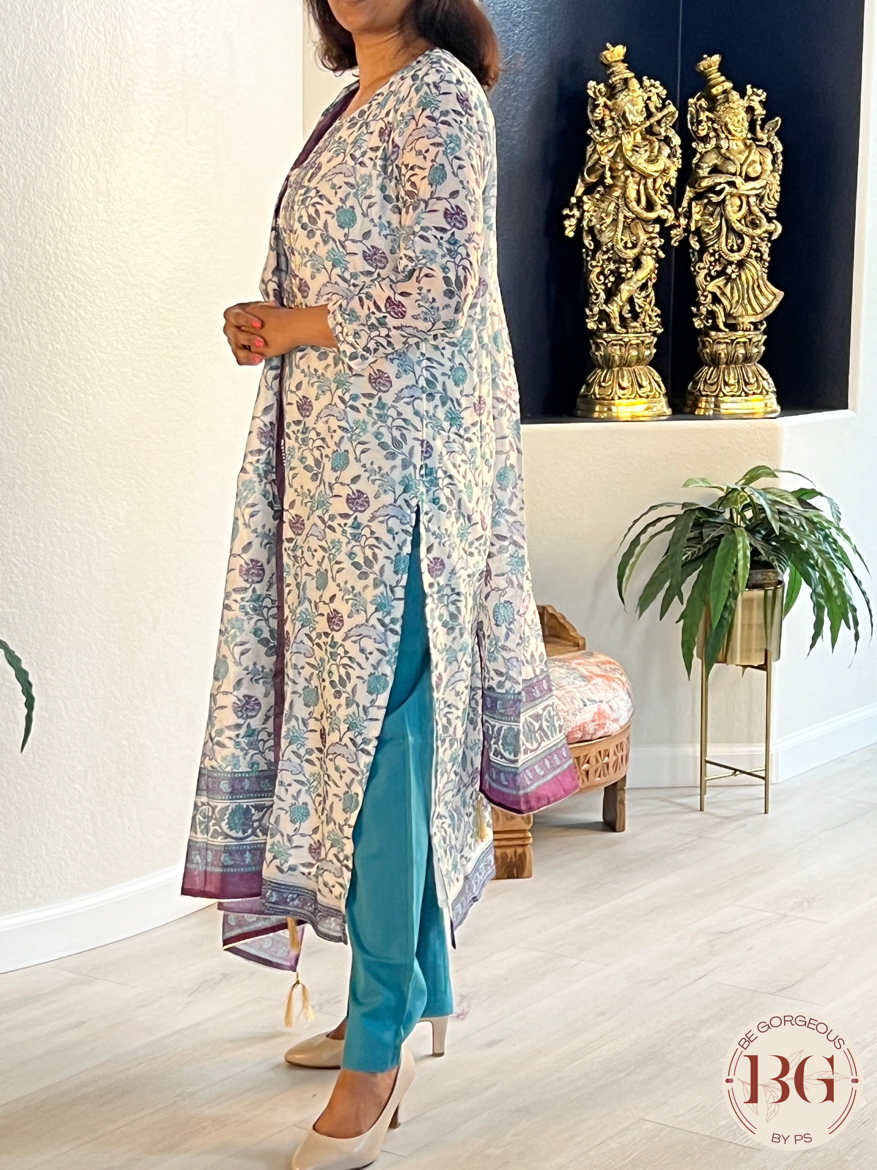 3-piece suit set with matching full size dupatta in teal color