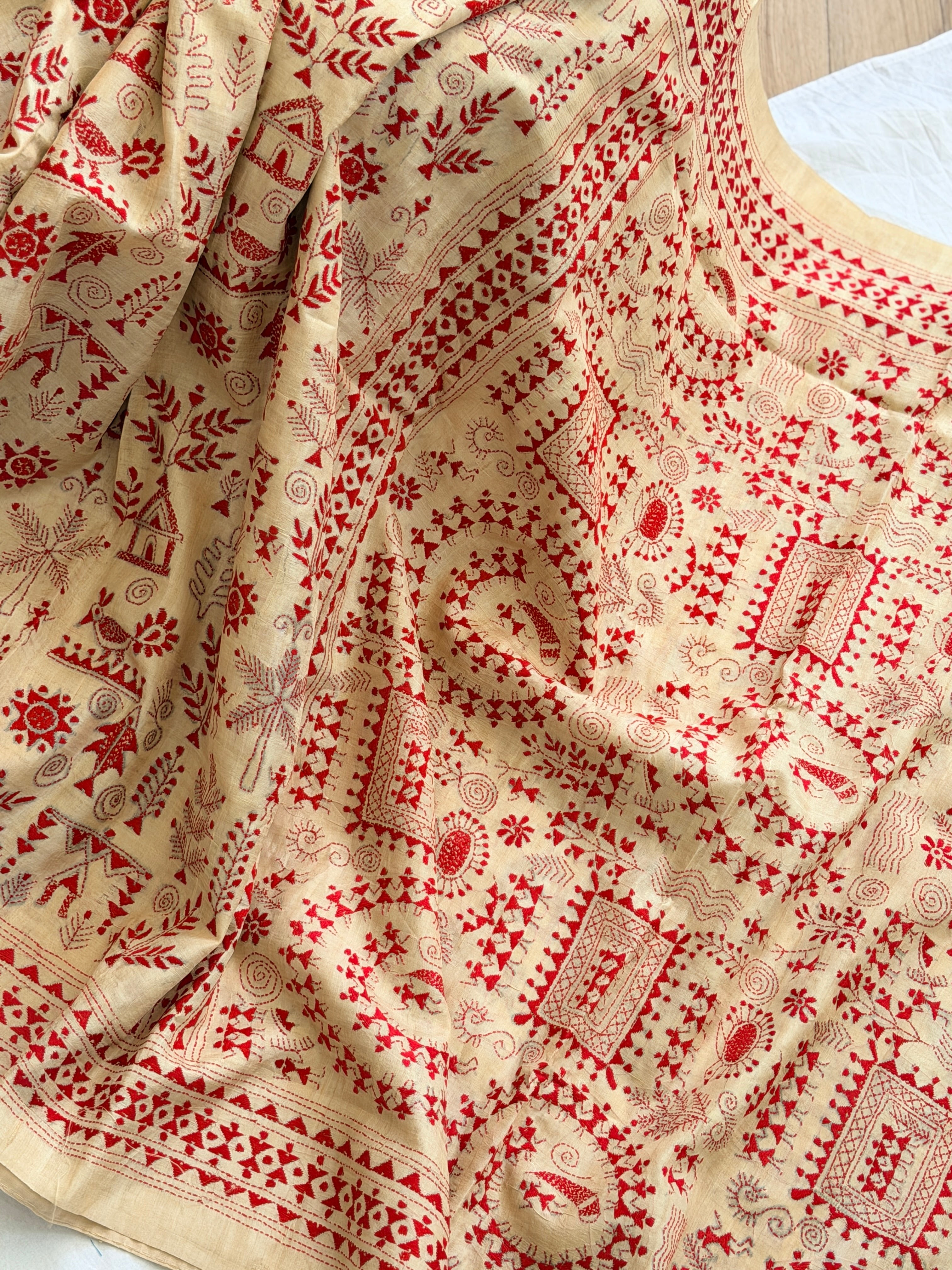 Kantha Stitch Saree on tussar silk with warli work