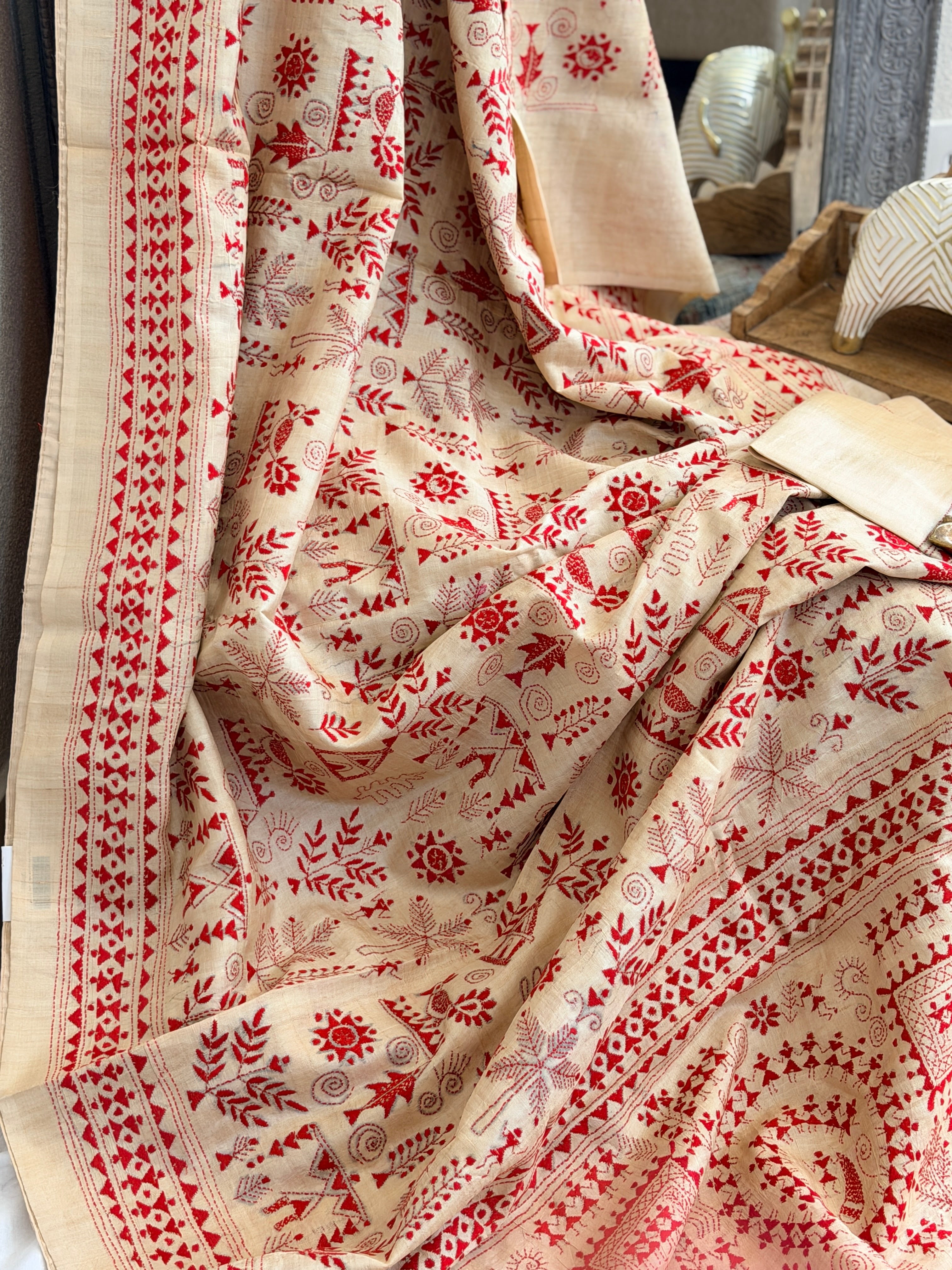 Kantha Stitch Saree on tussar silk with warli work