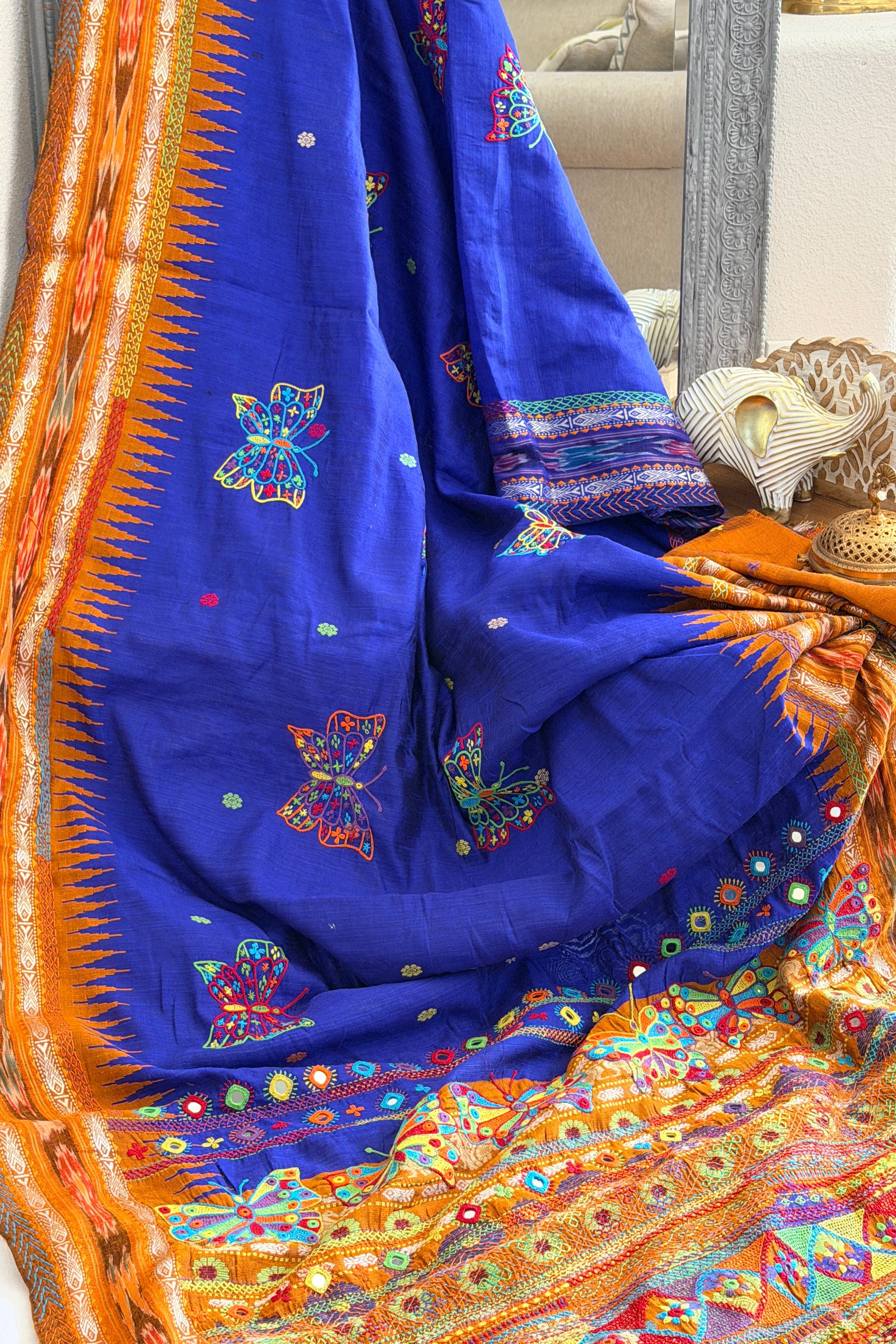 Lambani Hand Embroidered Raw Silk Saree with butterfly motifs