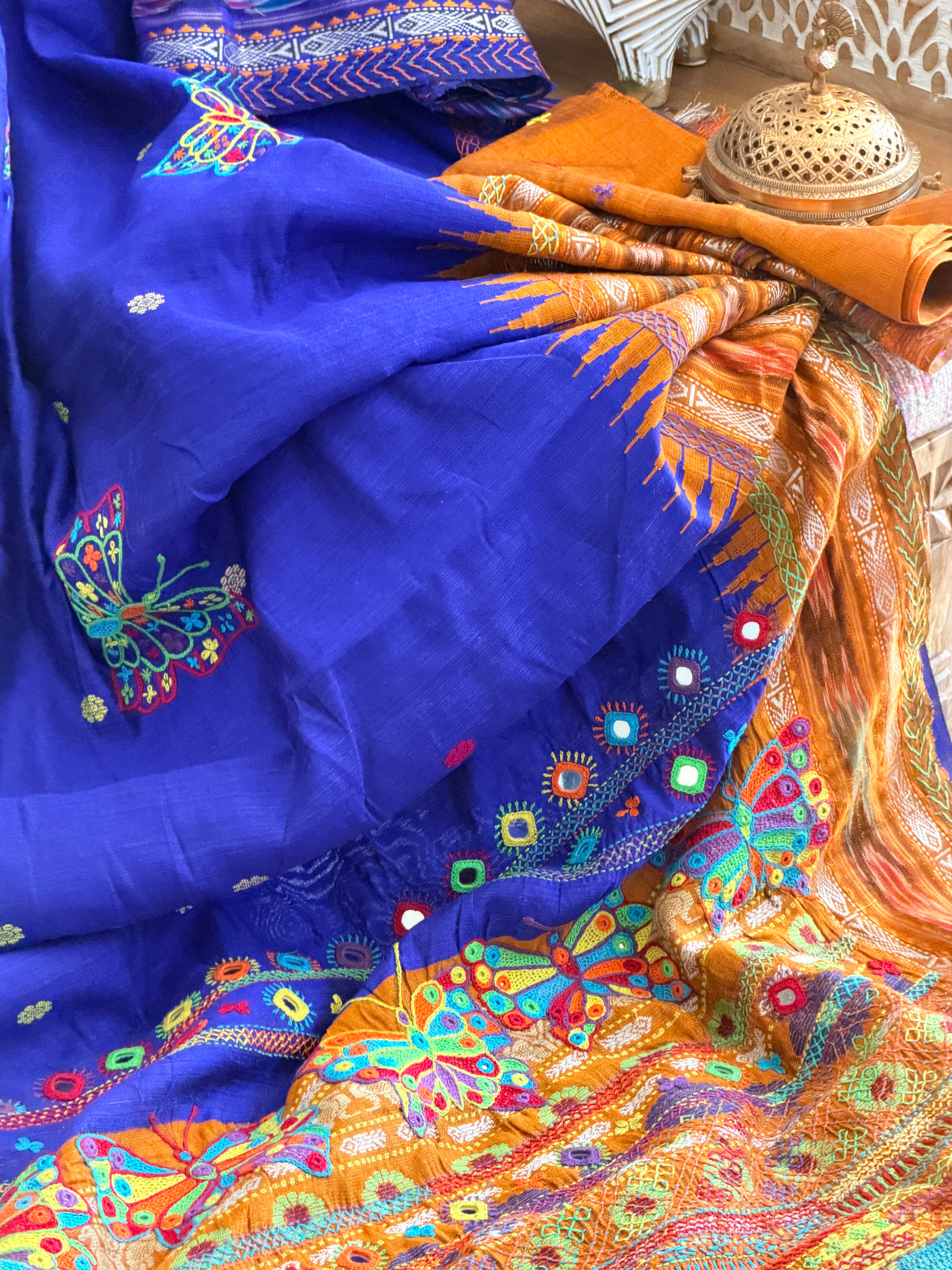 Lambani Hand Embroidered Raw Silk Saree with butterfly motifs