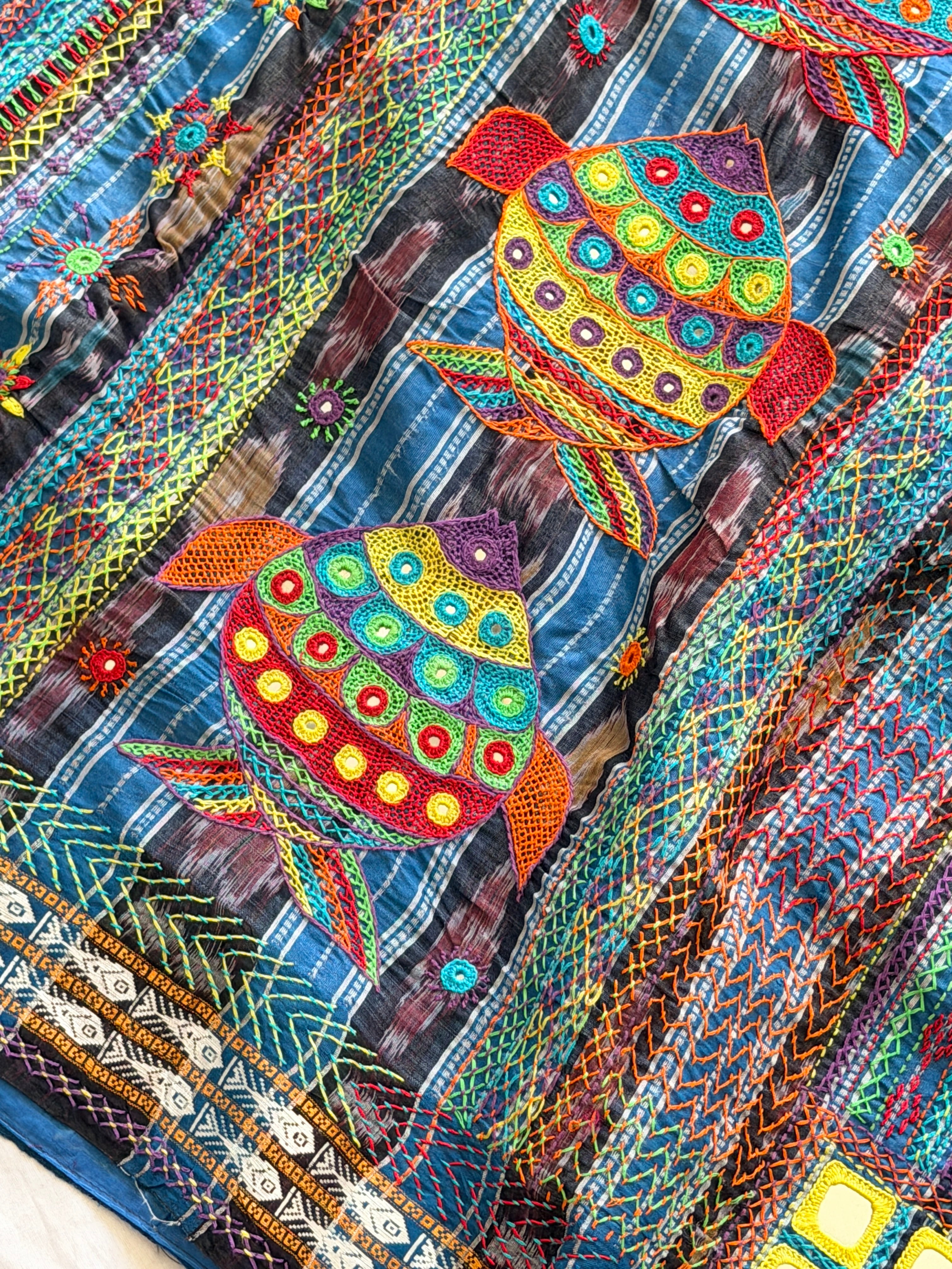 Lambani Hand Embroidered Raw Silk Saree with fish motifs