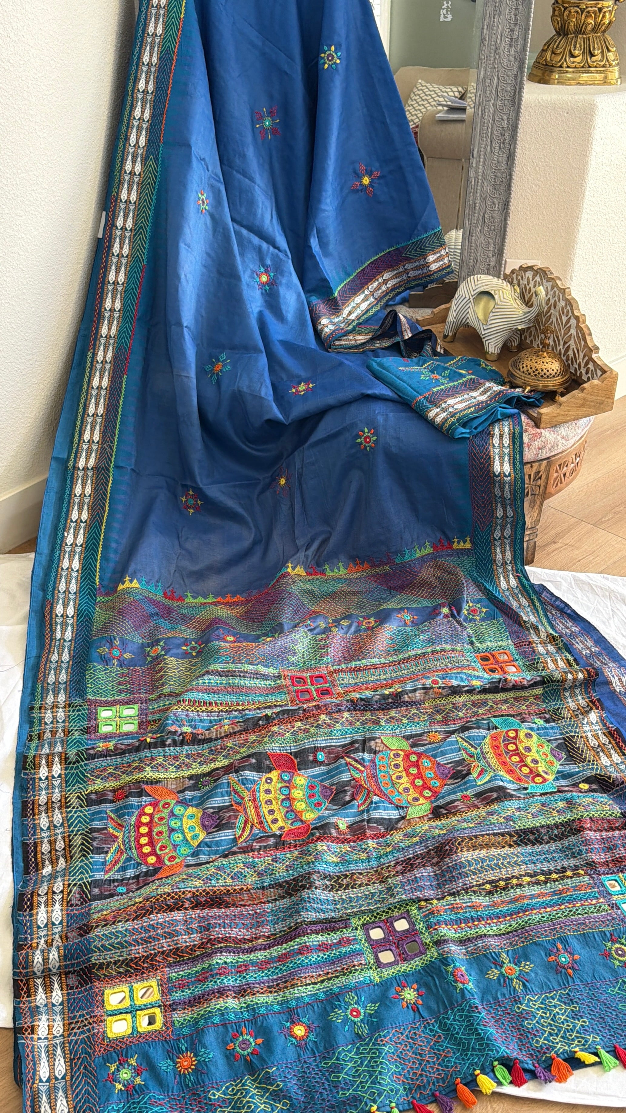 Lambani Hand Embroidered Raw Silk Saree with fish motifs