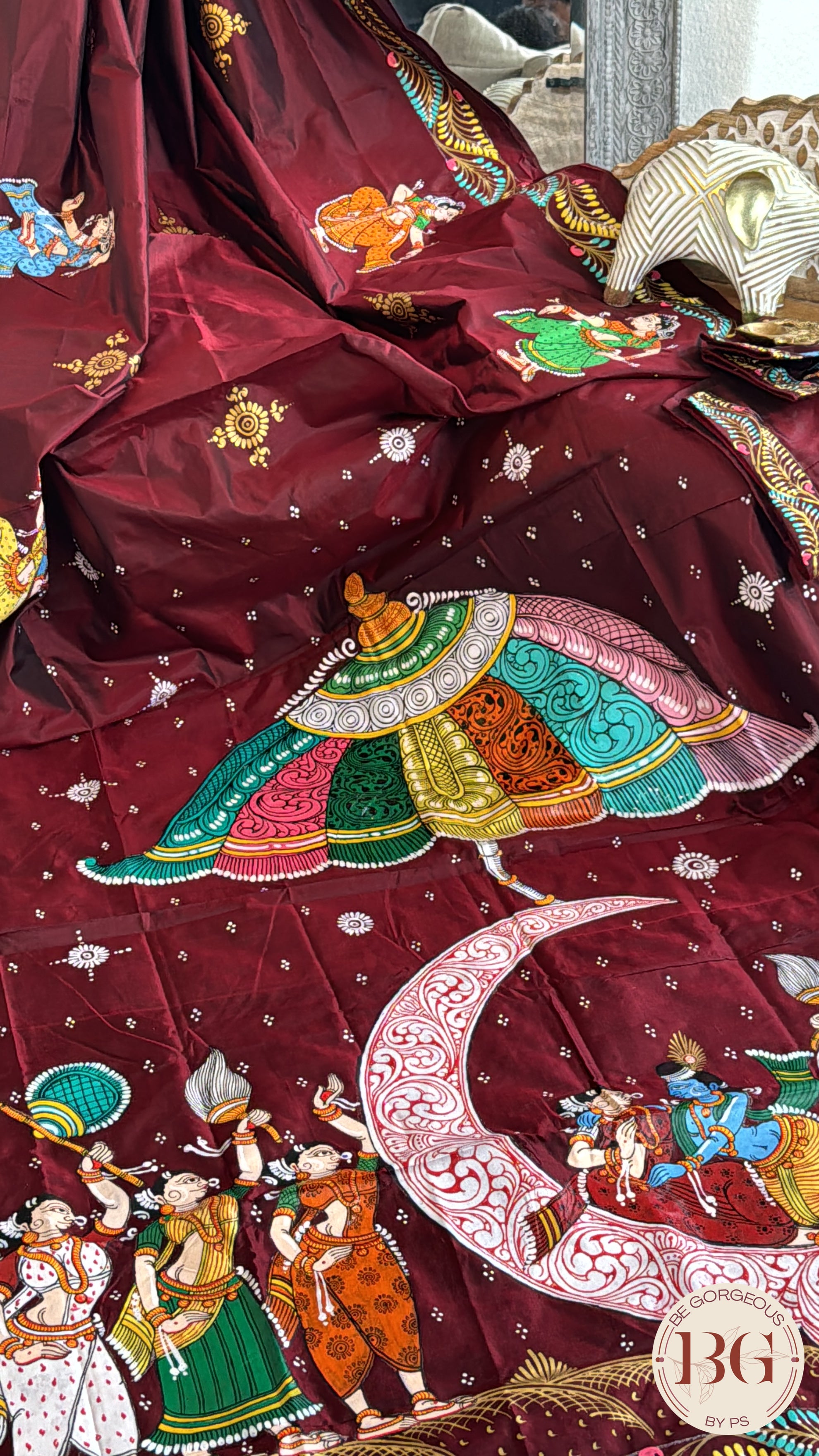 Pattachitra half moon krishna leela hand painted saree on pure bangalore silk - maroon color