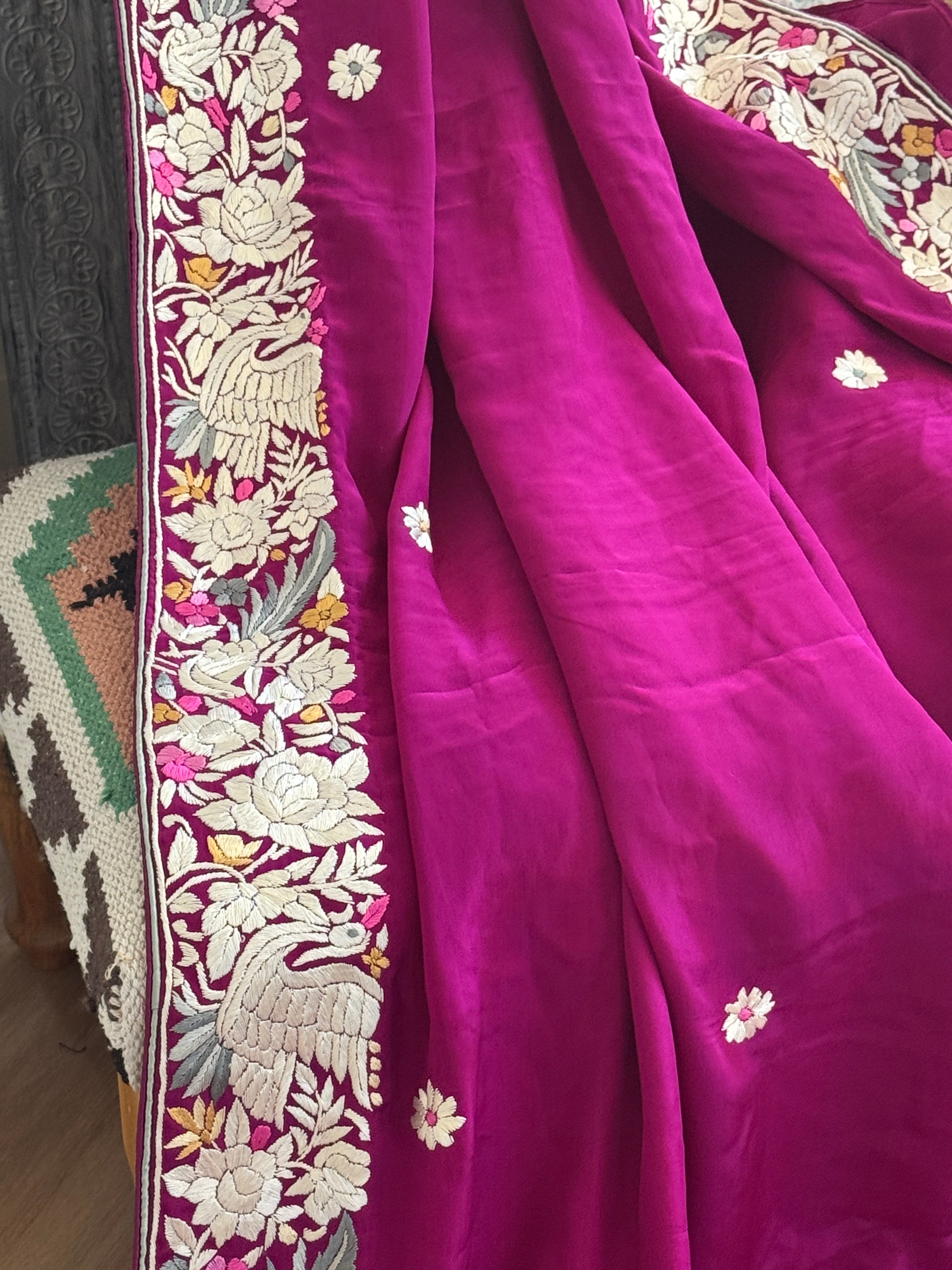 Parsi Gara hand embroidered crepe silk saree