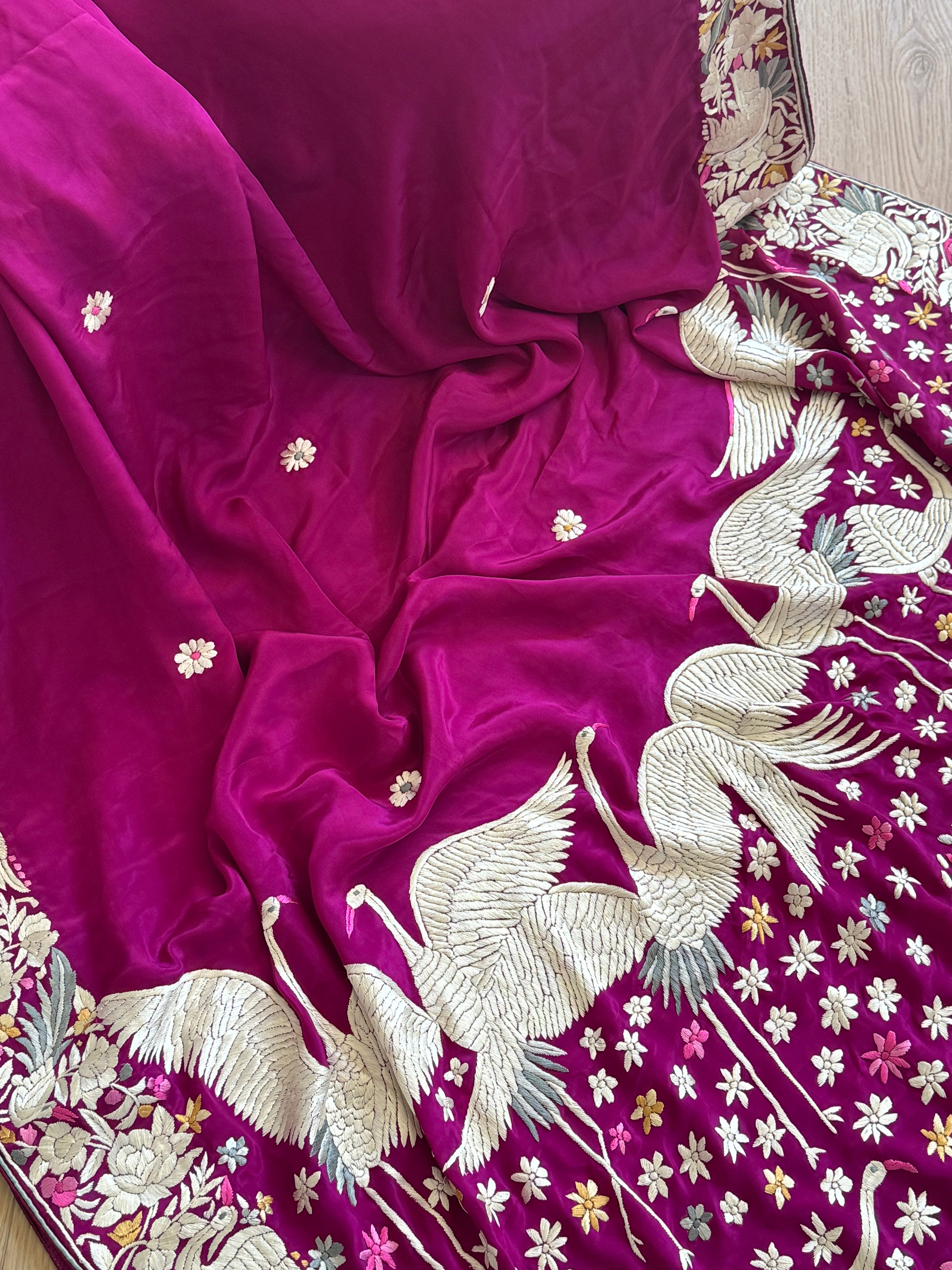Parsi Gara hand embroidered crepe silk saree
