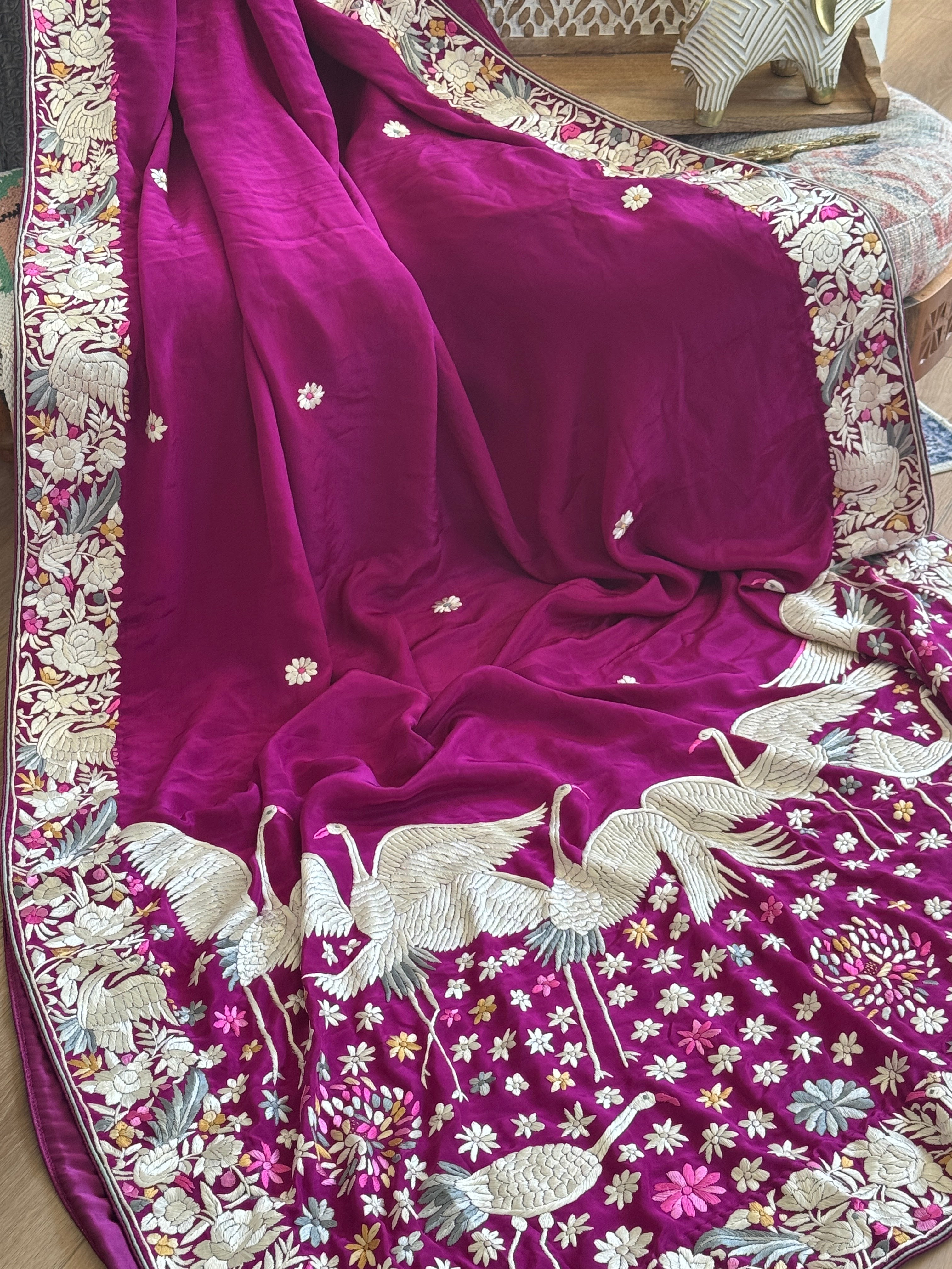 Parsi Gara hand embroidered crepe silk saree