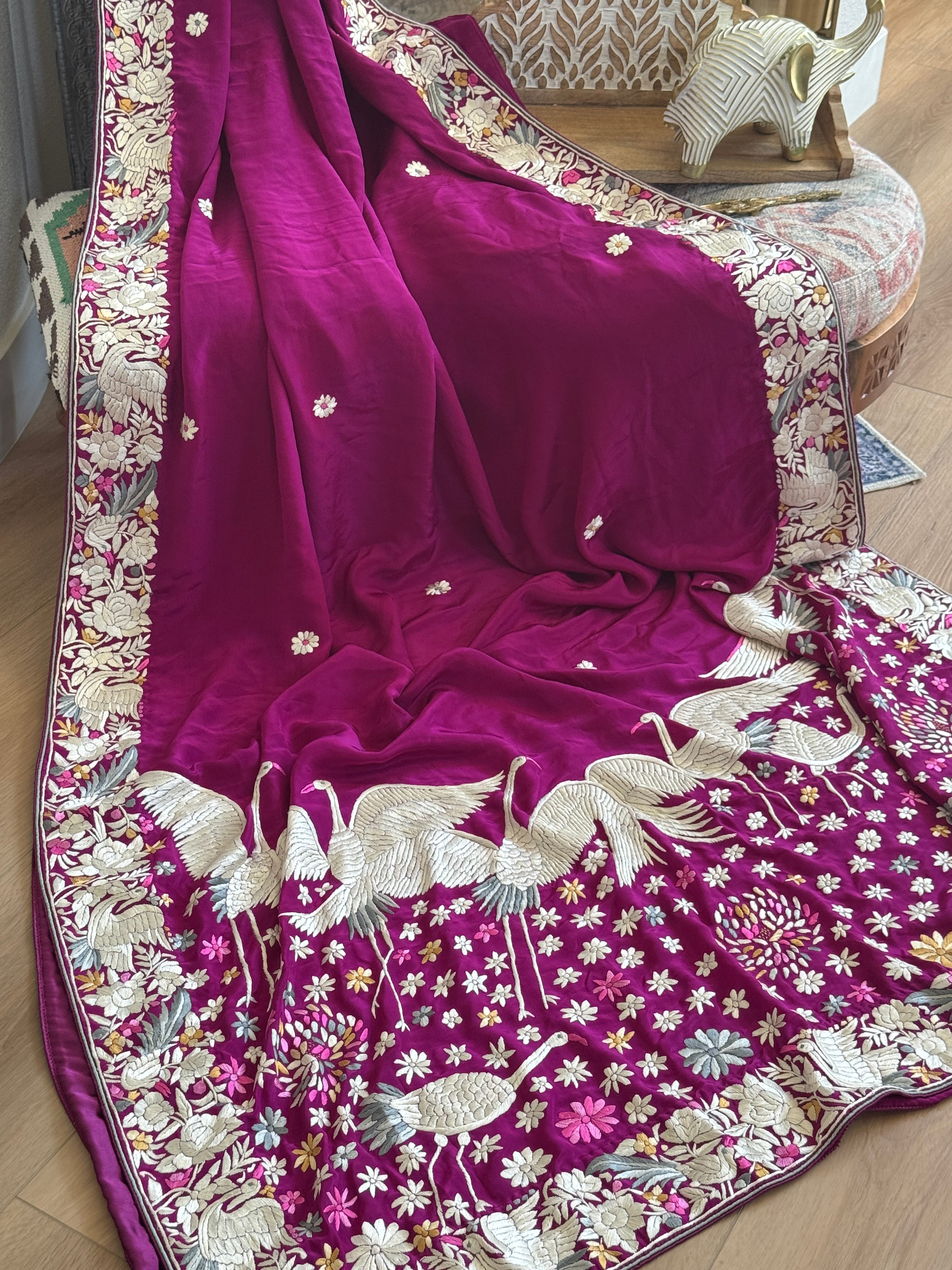 Parsi Gara hand embroidered crepe silk saree