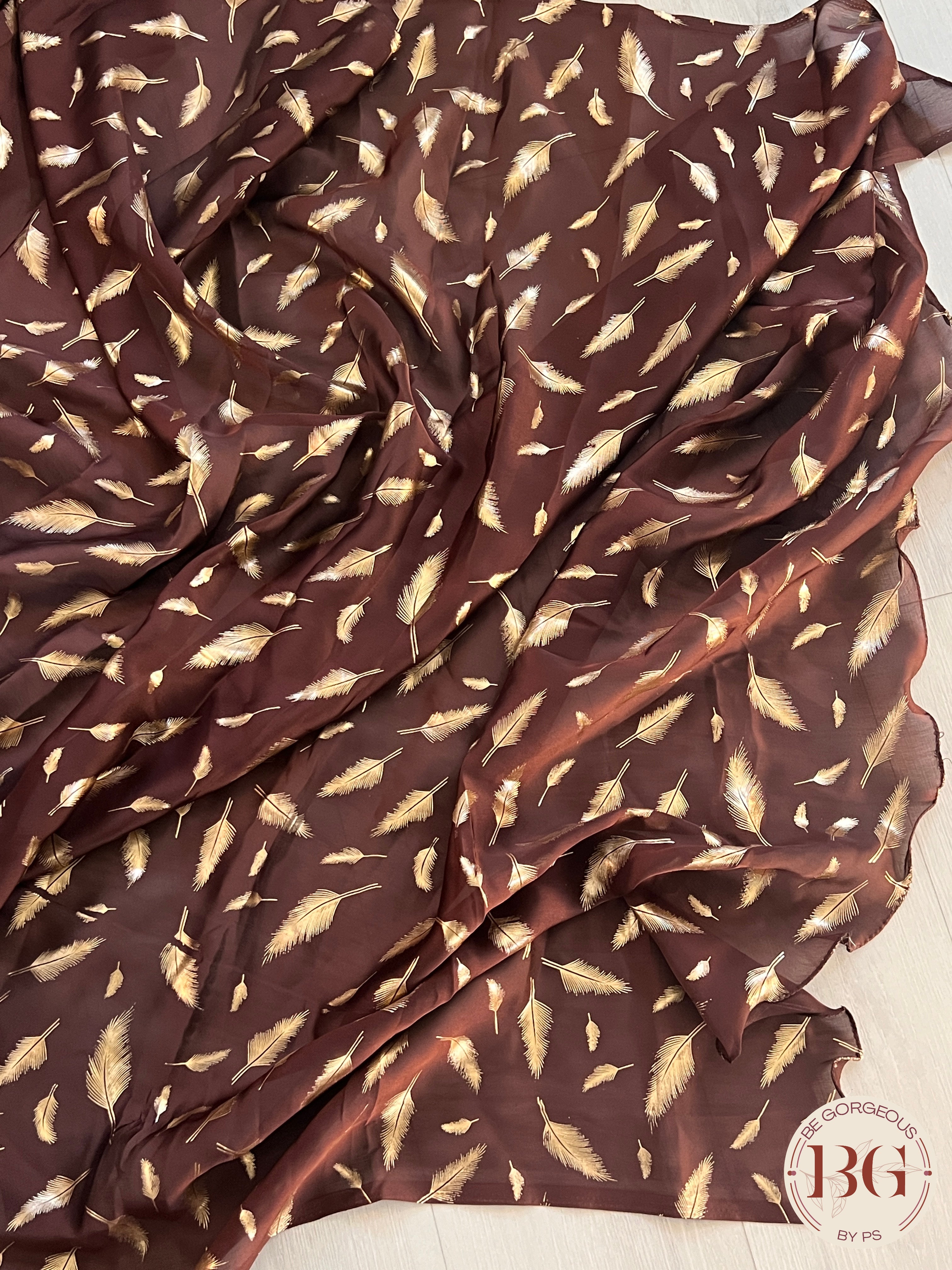 Georgette with feather foil print saree color - brown