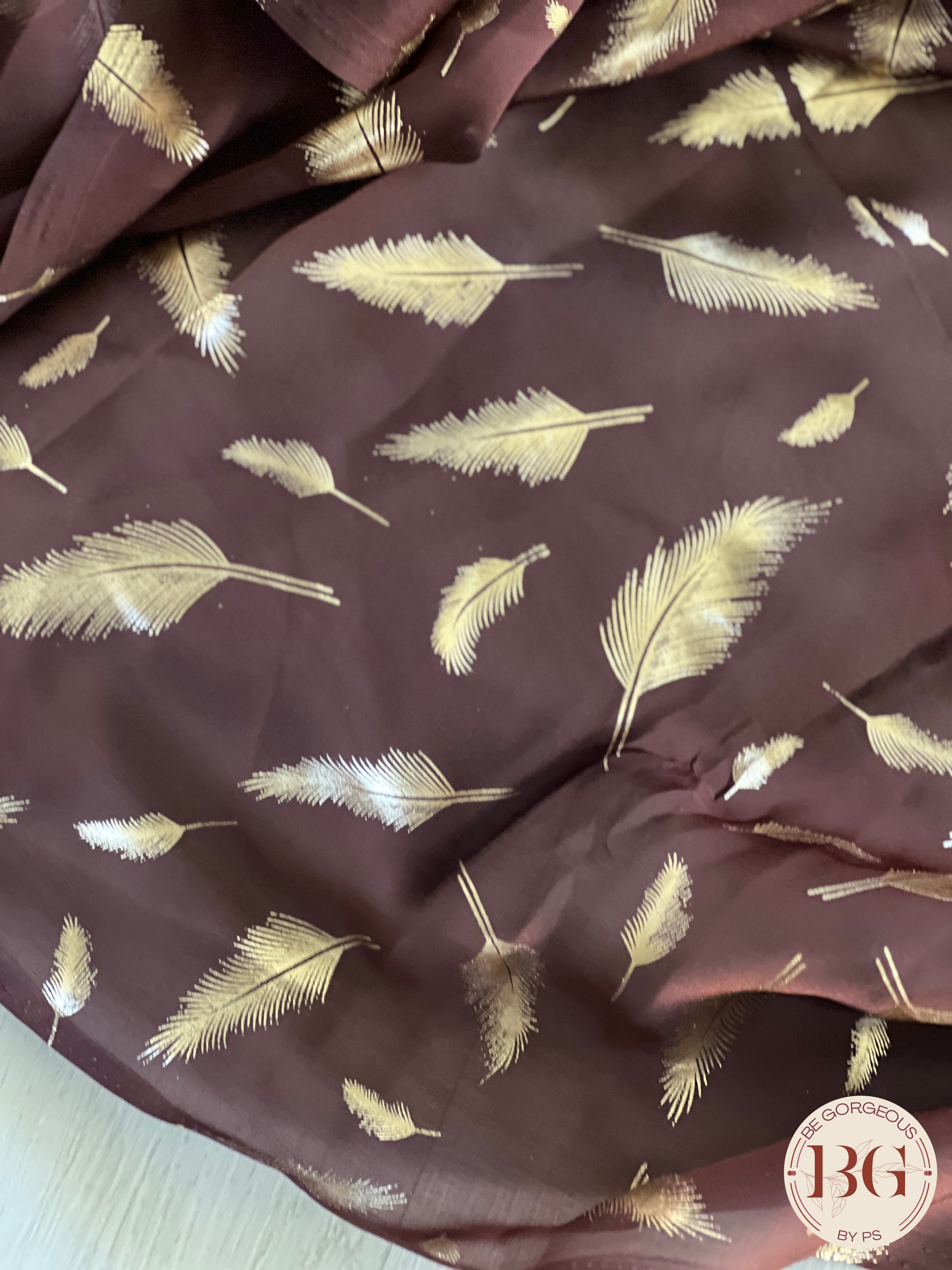 Georgette with feather foil print saree color - brown