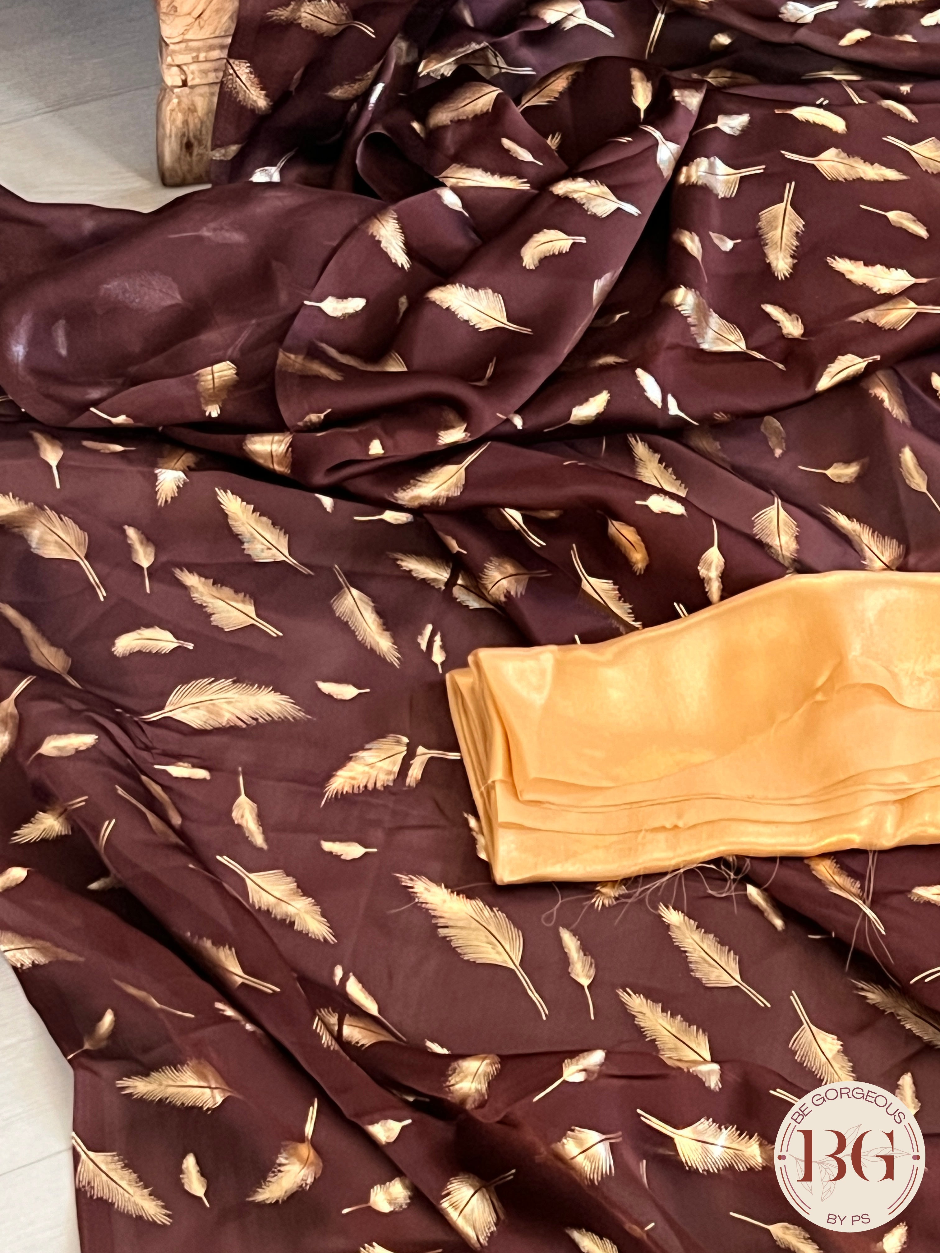 Georgette with feather foil print saree color - brown