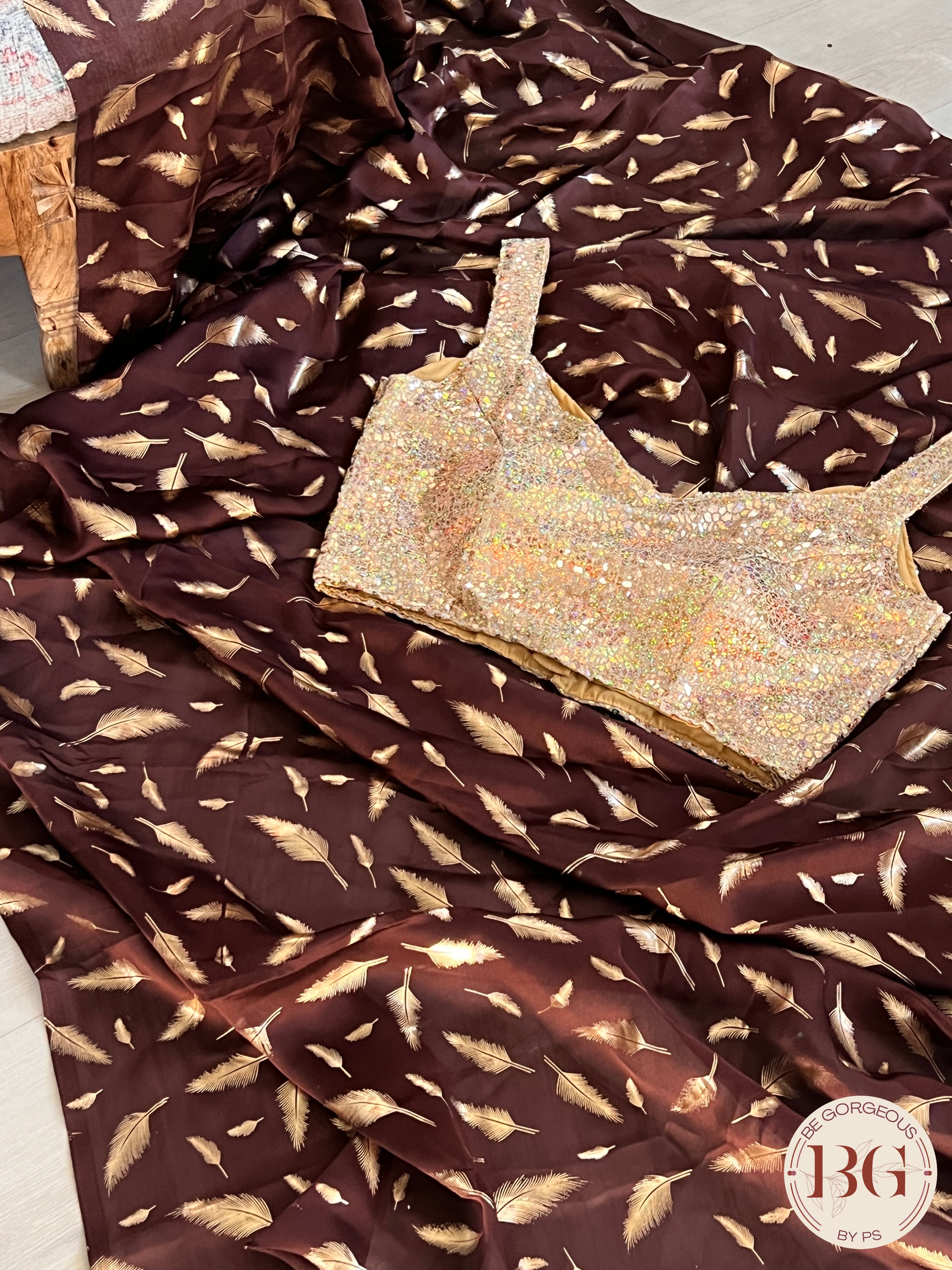 Georgette with feather foil print saree color - brown