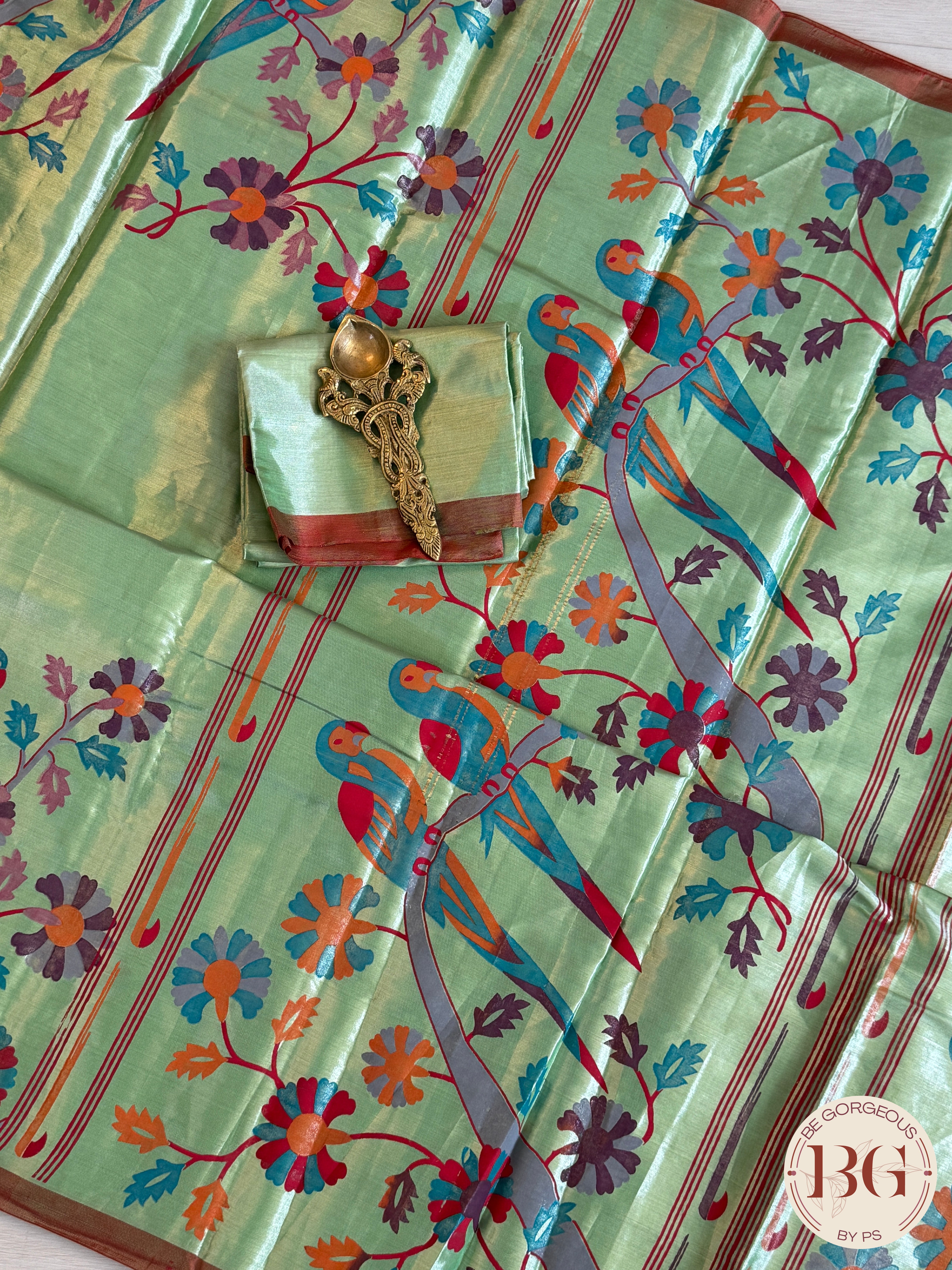 Kanjeevaram tissue kalamkari pure silk saree - parrot motifs - green